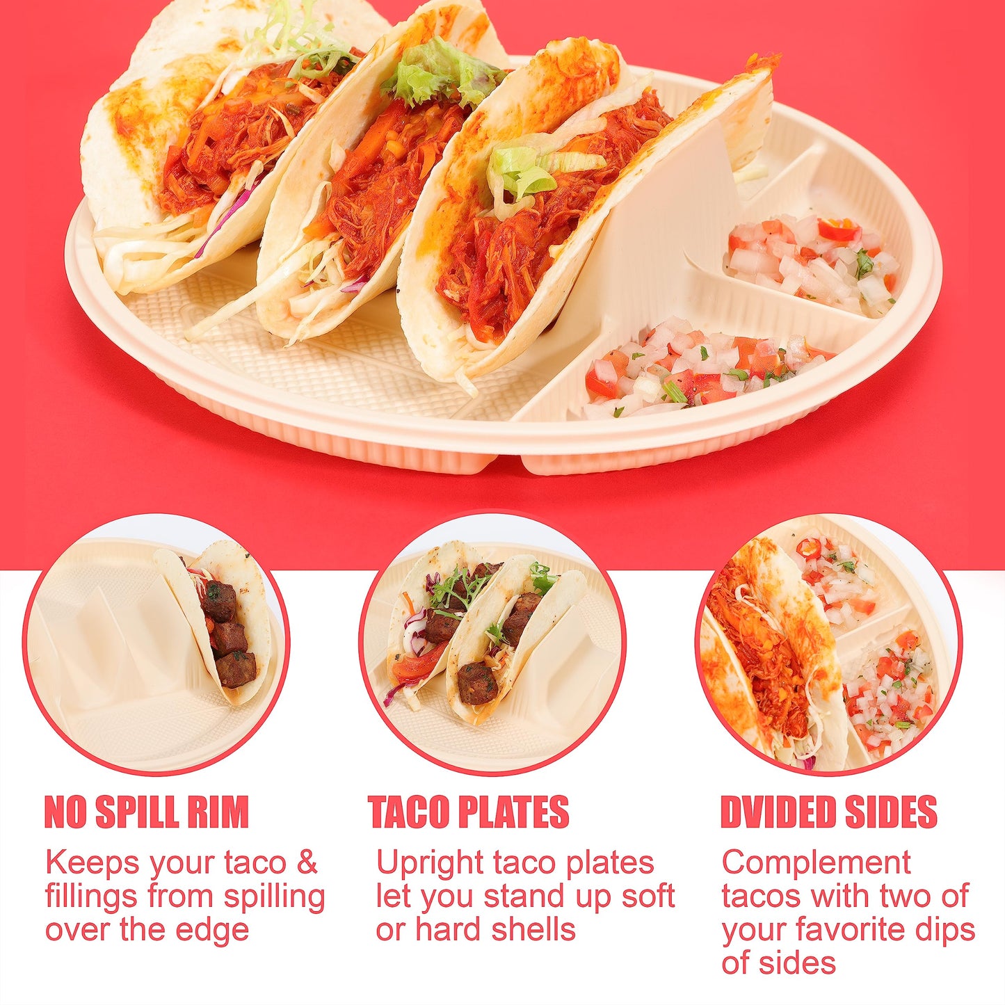 Large Disposable Taco Plates with Room for Sides, Biodegradable Cornstarch, Fits 6-8 Inch Soft or Hard Tortillas, Perfect for Taco Tuesdays, Party, Night, Bar, and Fiesta, Microwave Safe – 60 Pack