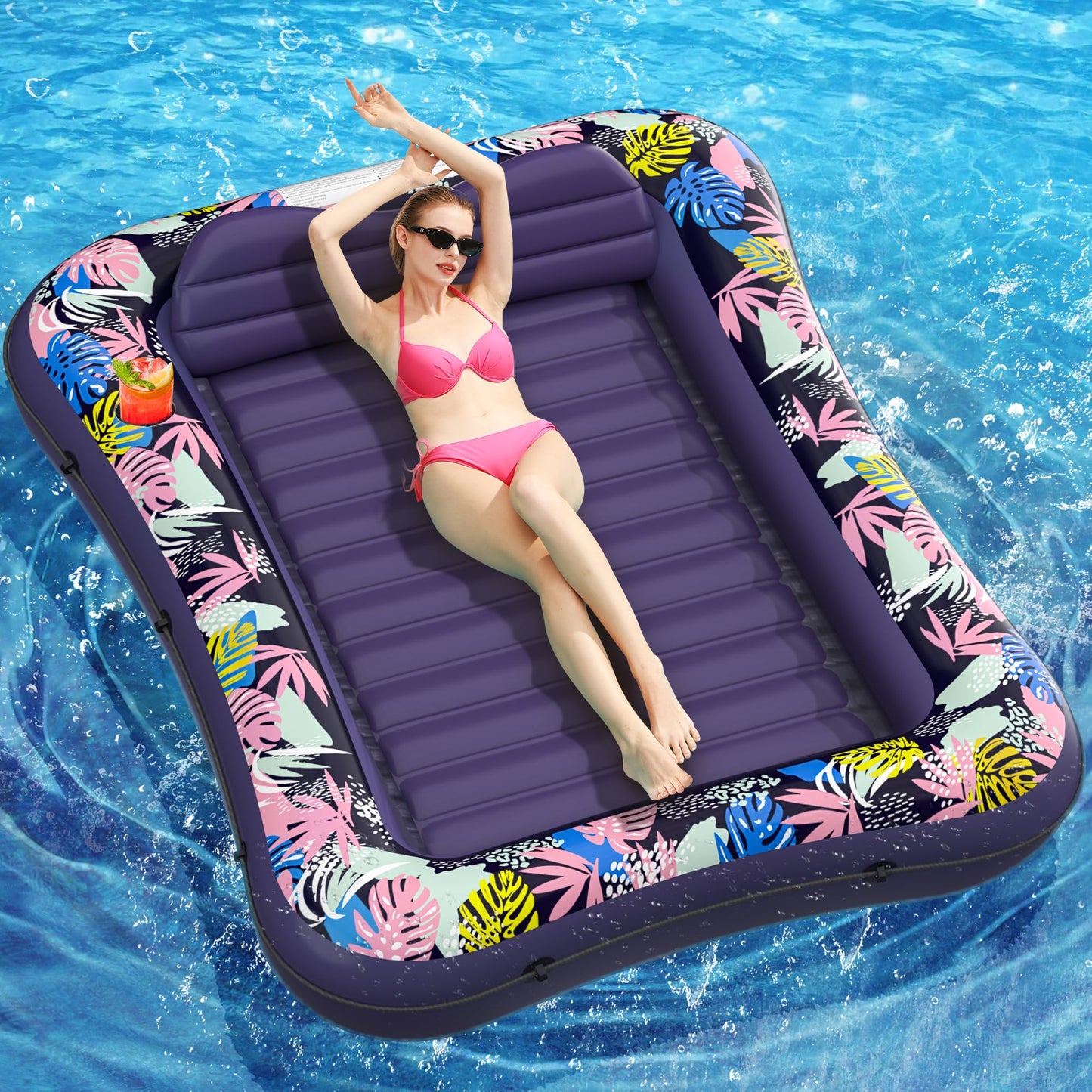 Tanning Pool Floaties for Adults, OKSUWATER Inflatable Tanning Pool Lounge Float with Removable Headrest & Drink Holder, Blow-Up Bed Sun Tan Tub for River & Lake Suntan Swimming Mattress（Purple-L）