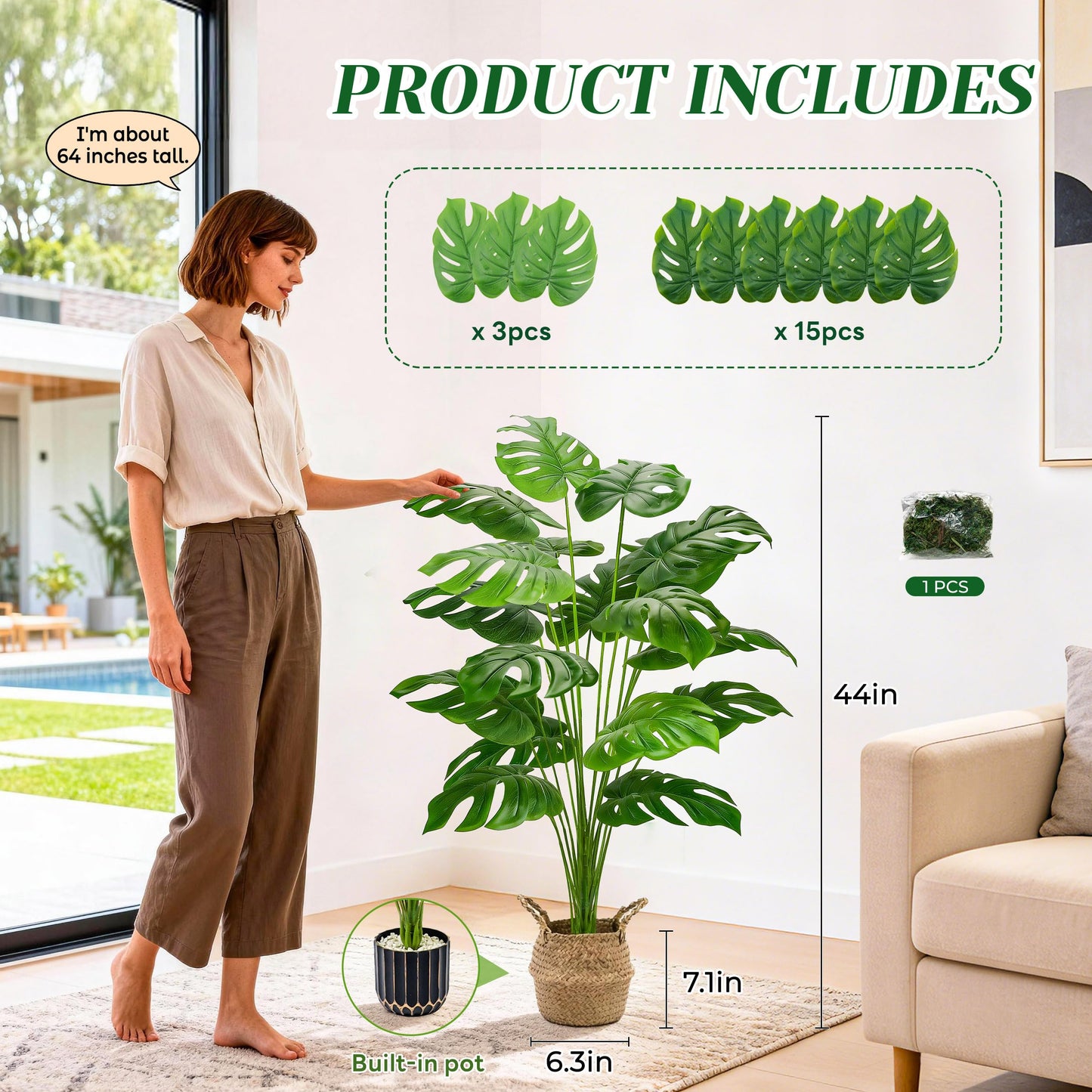 Der Rose 44" Tall Fake Plants with Basket Large Artificial Monstera Plants Indoor, Easy Assembly Faux Tree for Outdoor Office Living Room Bedroom Home Apartment Decor