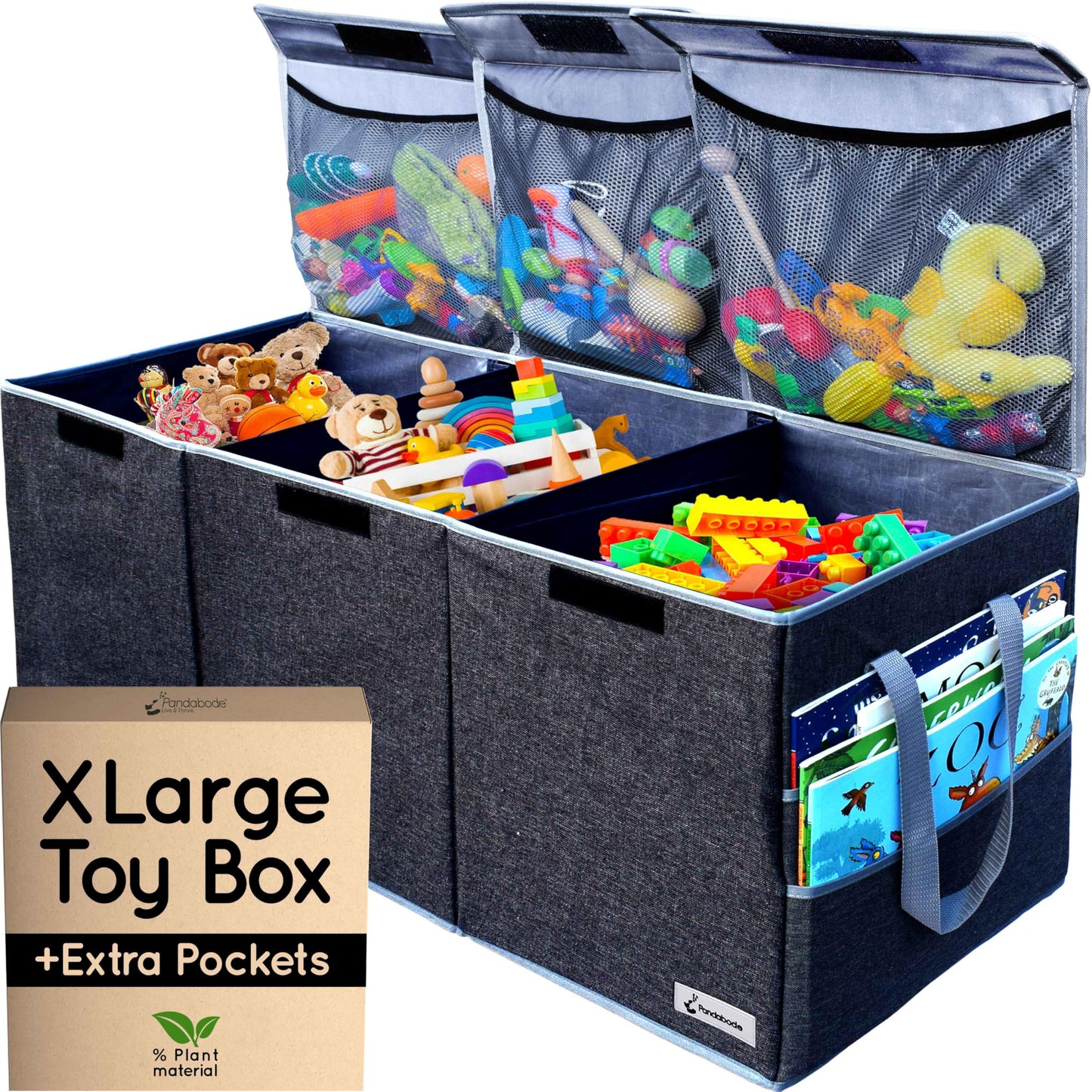 Pandabode Extra Large Toy Box - Big Toy Box - Sturdy Extra Large Toy Storage Organizer with Pockets - Extra Large Toy Chest 36 x 16 x 12 in - Black
