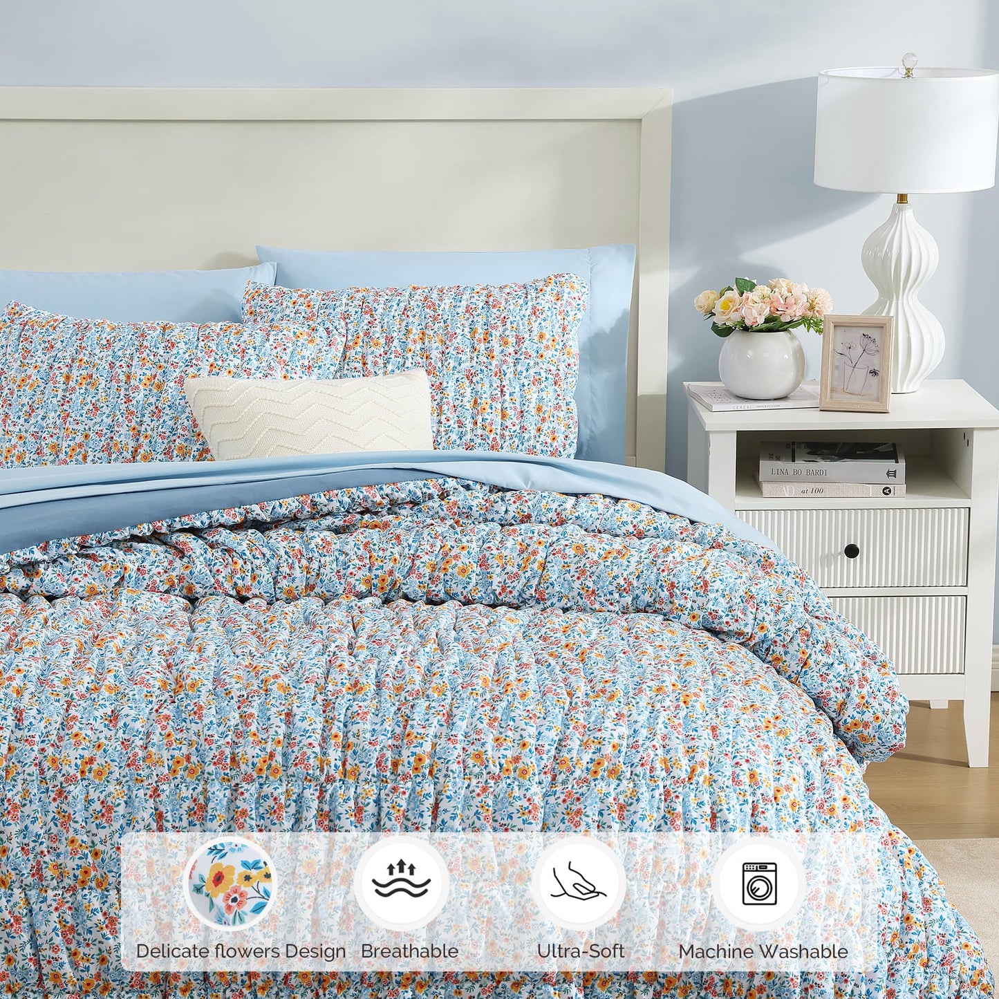 BLOOMHAVEN Full Size Comforter Sets-7 Pieces Puff Marigold Blue Floral Bedding Set for All Seasons, Shabby Chic Farmhouse Bed in a Bag Full with Floral Comforter, Sheets, Pillowcases & Shams