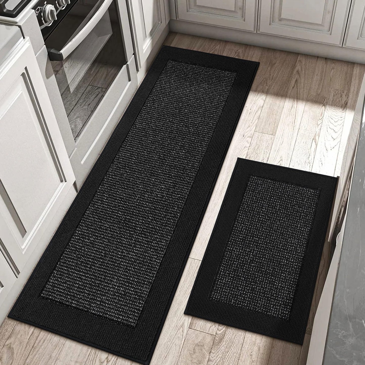 BEQHAUSE Kitchen Rugs and Mats Set of 2 Non-Slip Kitchen Mats for Floor, Absorbent and Stain Resistant Kitchen Runner, Machine Washable Rugs for Kitchen, Laundry & Sink, 24"x36"+24"x60", Black