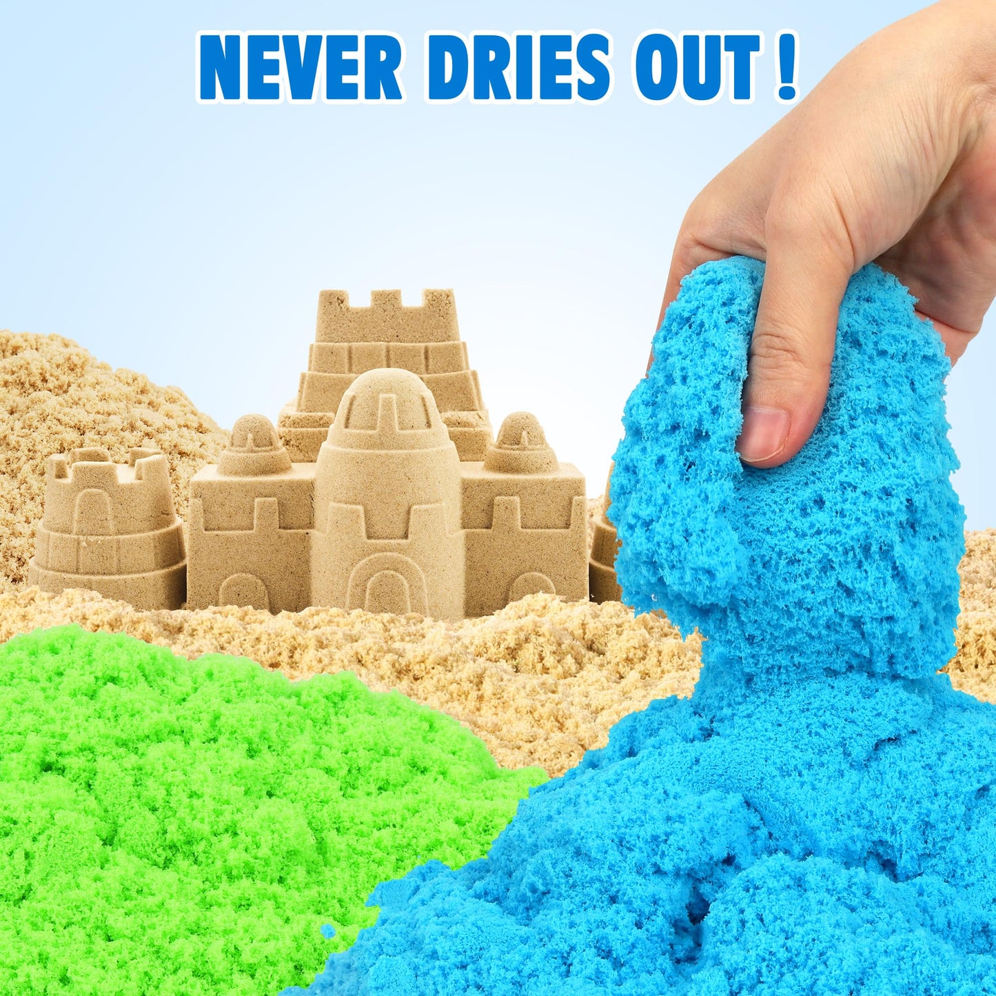 Billeeit 4.4 lbs Play Sand w/Storage Sandbox, 4-Pack(2 Yellow, 1 Blue, 1 Green), Sensory Bin Refill Sand for Shaping, Molding, Pressing, Scooping, Rolling, Self-Sticking Sand Sensory Toy for Kids 3+