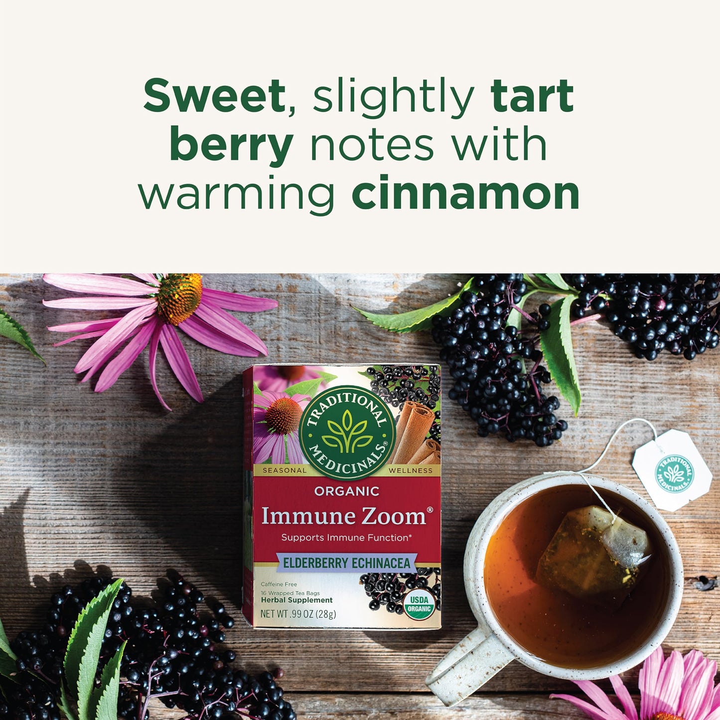 Traditional Medicinals Tea, Organic Immune Zoom Elderberry Echinacea - Supports Immune Function - Kosher, Non-GMO, Caffeine-Free, Compostable - 96 Tea Bags (Pack of 6)
