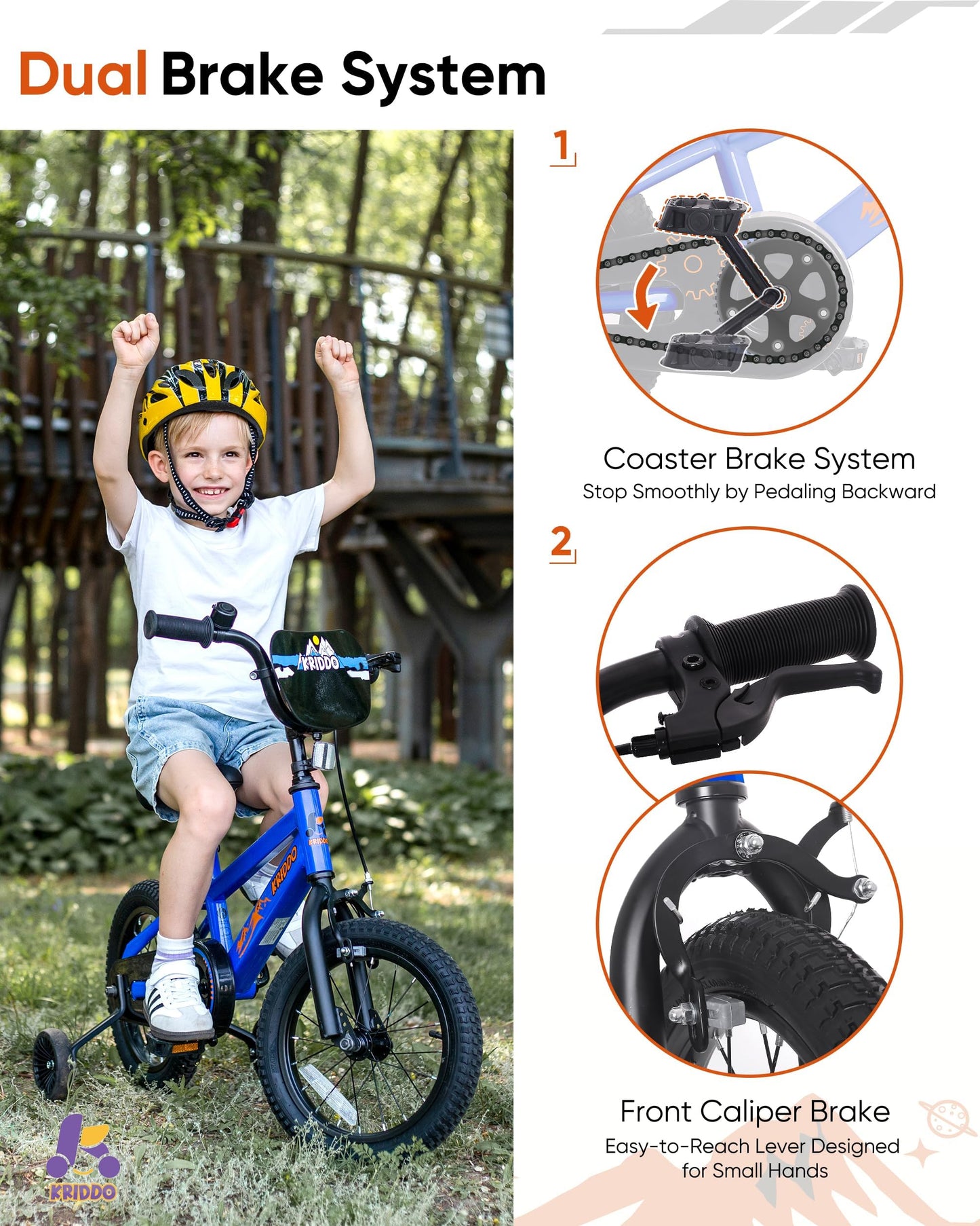 KRIDDO 14-16 Inch Kids Bike for Ages 3–8, Boys and Girls Bicycle with Removable Training Wheels, Bicycle for Kids with Hand Brake & Coaster Brake, Adjustable Height, DIY Name Plate, 16 Inch Blue