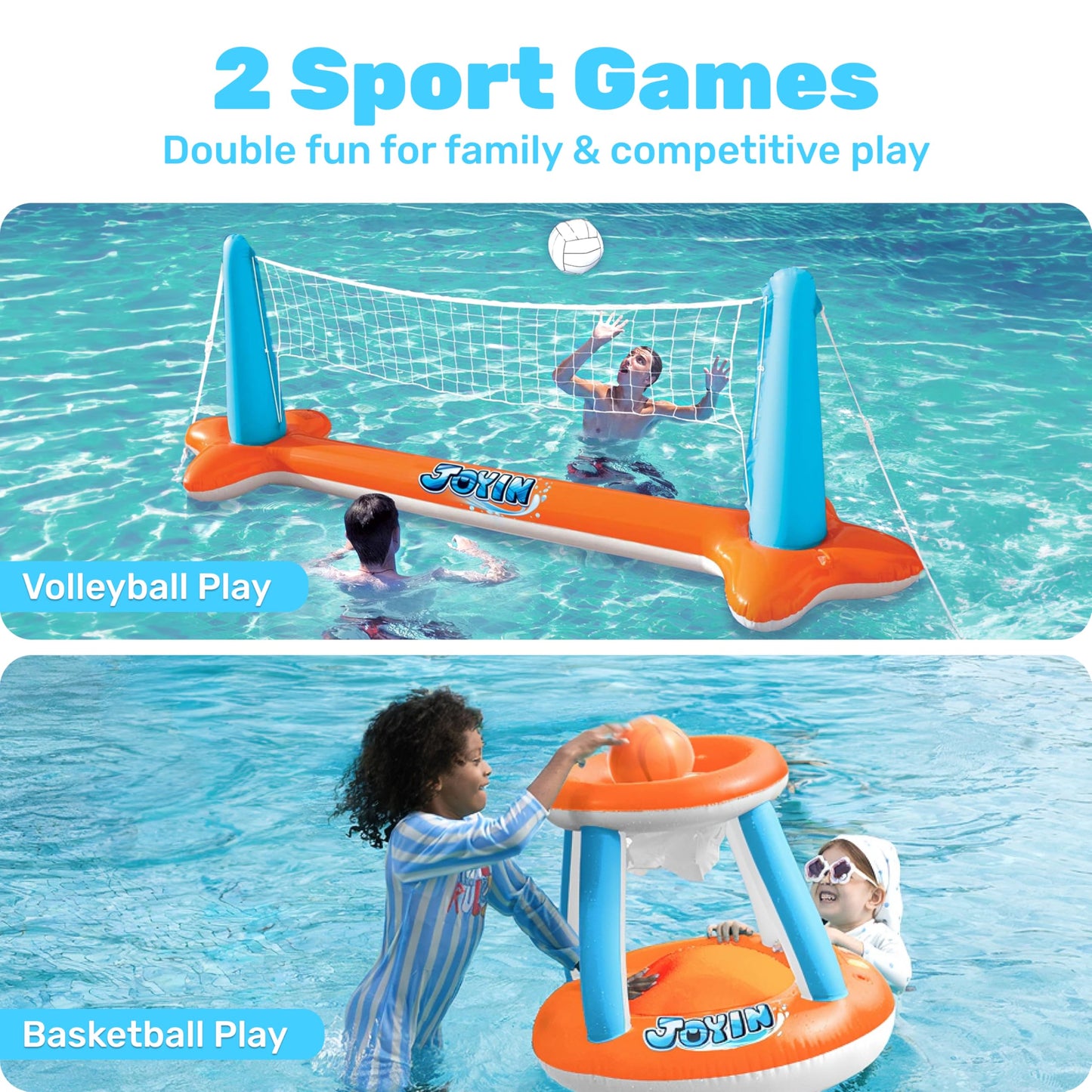 JOYIN Inflatable Pool Float Set Volleyball Net & Basketball Hoops; Balls Included for Kids and Adults Swimming Game Toy, Floating, Summer Floaties