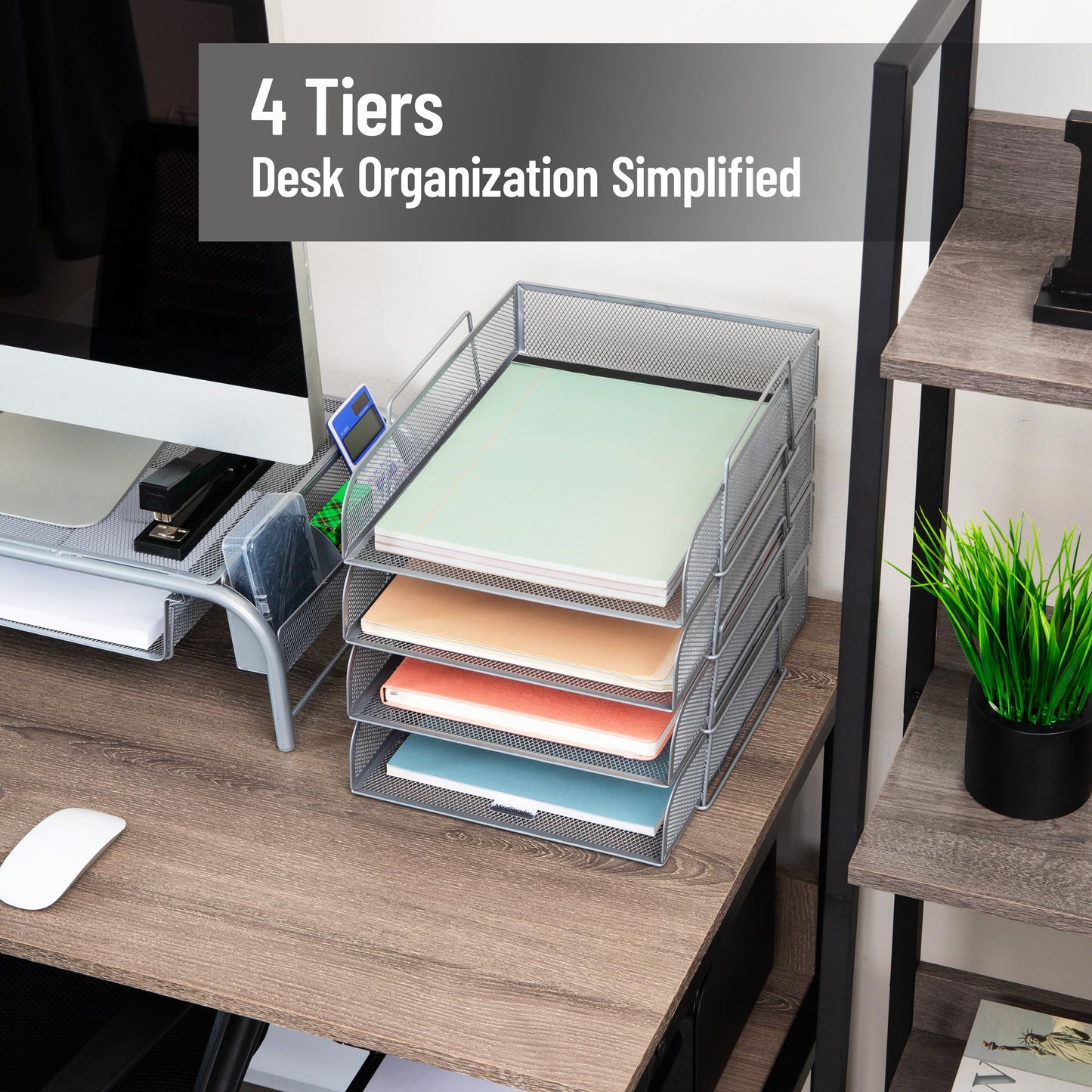 Mind Reader Stackable Paper Tray, Desktop Organizer, File Storage, Office, Metal Mesh, 10.5" L x 13.5" W x 11.25" H, 4 Pcs., Silver