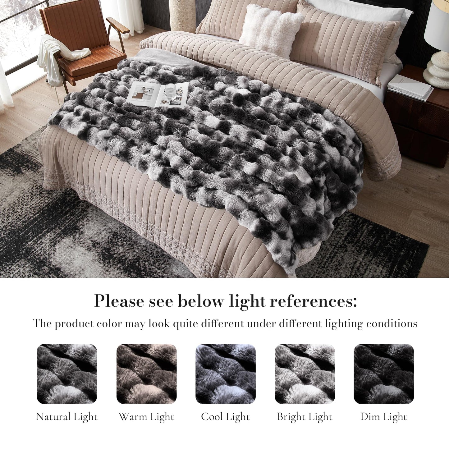 Amélie Home Faux Fur Throw Blanket, Ultra Soft Fuzzy Plush Bubble Blanket for Couch, Bed & Living Room, 60"x80", Tie-dye Black