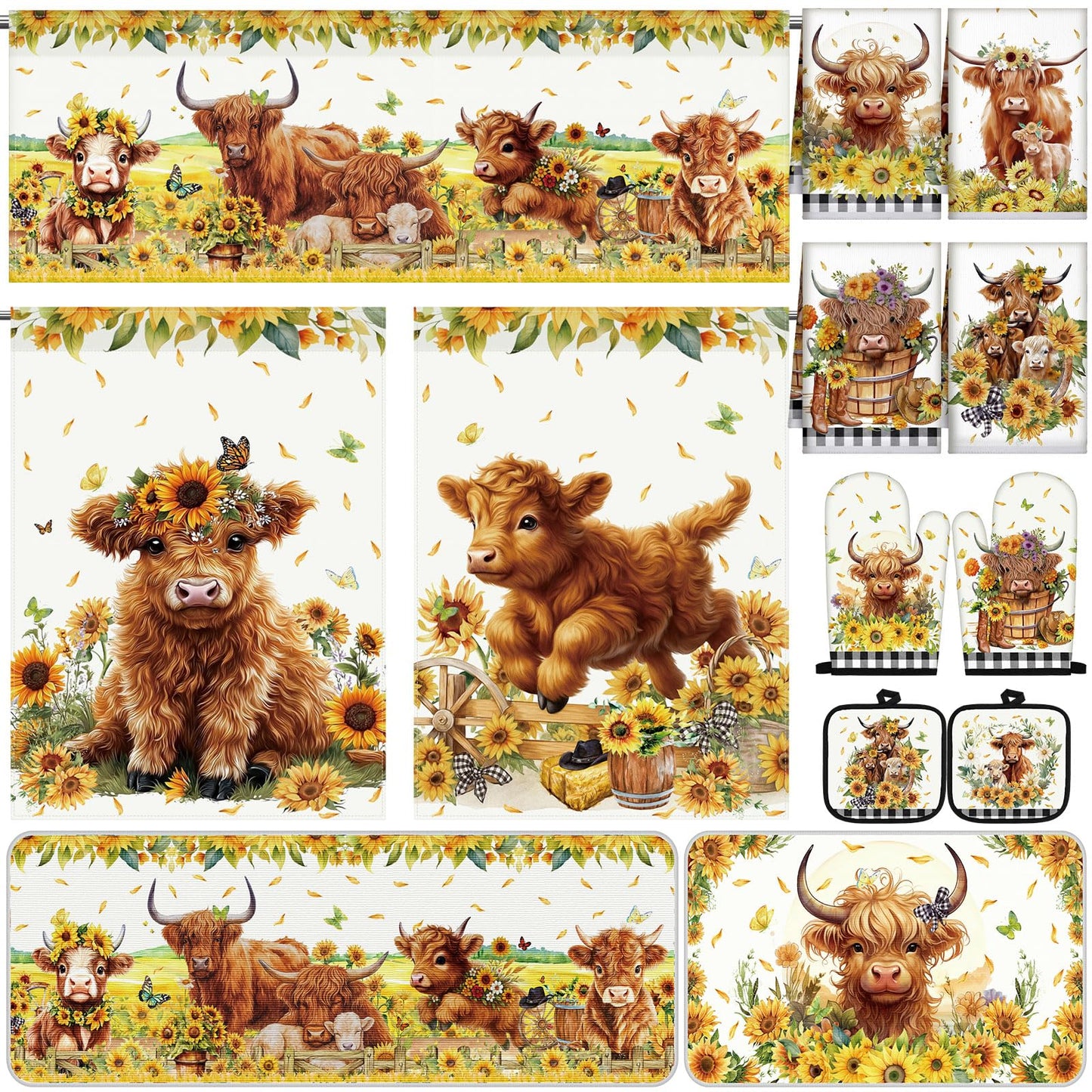 Hillsuren 13 Pcs Farmhouse Highland Cow Kitchen Decor Set 3 Cow Kitchen Curtains Valance 2 Sunflower Rugs and Mats 4 Towels 2 Pot Holders 2 Oven Mitts for Home Decor Cooking Grilling Housewarming Gift