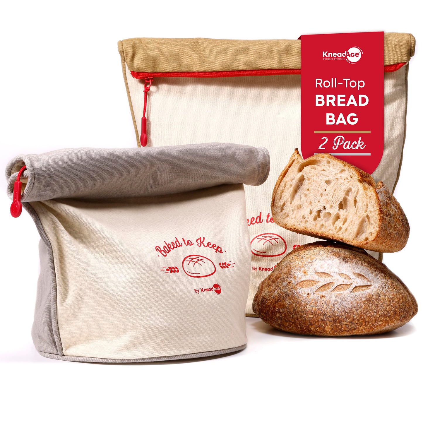 KNEADACE Bread Bags for Homemade Bread -Stylish Sourdough Bread Storage with Roll-Top Design, 100% Cotton & Food-Safe Lining, Eco-Friendly, Gift For Bakers & Home Bakers (2 Pack)