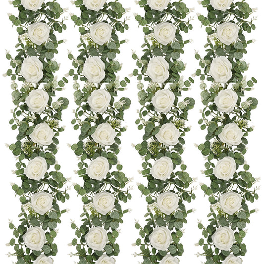 Dolicer 4Pcs 26Ft Artificial Eucalyptus Garlands with Flowers - 8 Roses, Faux Floral Greenery Garlands Fake Flowers Vines for Wedding Table Centerpieces Arch Party Ceremony Backdrop Decor (White)