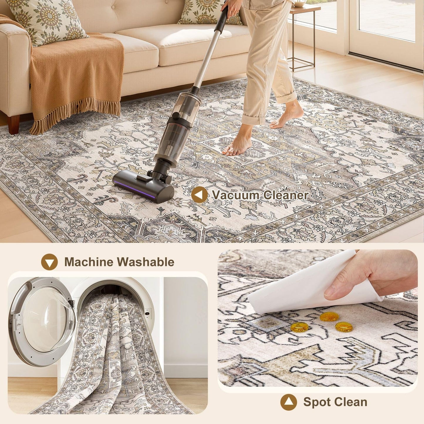 ELLIUNE 8x10 Area Rugs for Living Room: Non Slip Neutral Washable Brown Rug, Soft Stain Resistant Indoor Floor Carpets for Bedroom Dining Decor Farmhouse Home Office Kid & Pet Friendly