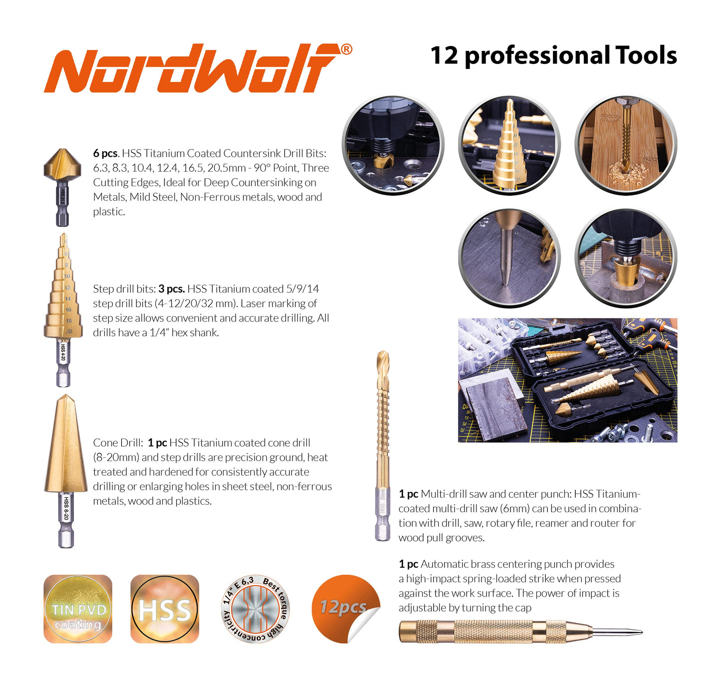 NordWolf 12-Piece HSS Titanium Metric Step, Countersink, Cone Drills with 1/4" Hex Shank, Multi Drill Saw & Automatic Center Punch Set in Storage Case