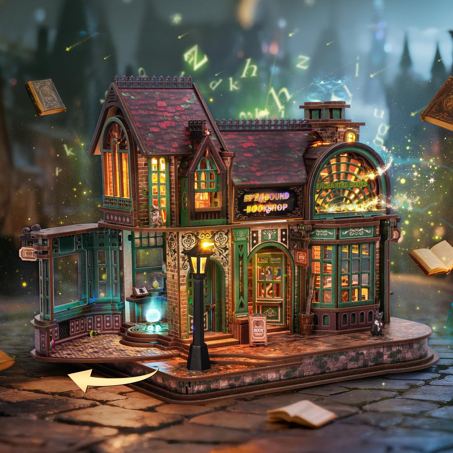 FUNPOLA 3D Wooden Puzzle Magic Bookstore with LED Lights - DIY Miniature Kit, Spellbound Bookshop, Home Décor Display, Creative Gift for Adults and Teens