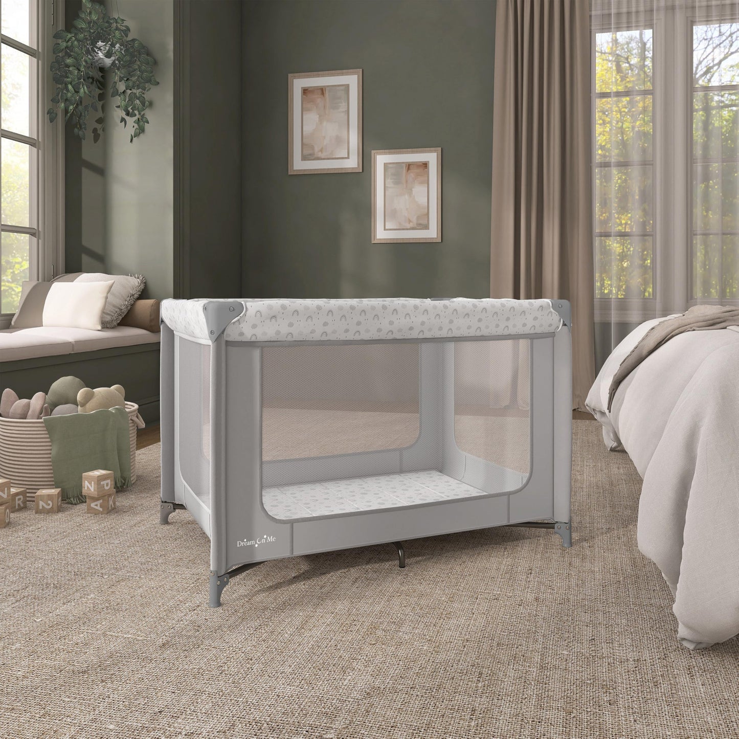 Dream On Me Zodiak Baby Playard, Breathable Mesh Sides, Soft Comfortable Mattress, Quick & Easy to Fold with Travel Carry Bag, Compact Space Saving Design - Cool Grey