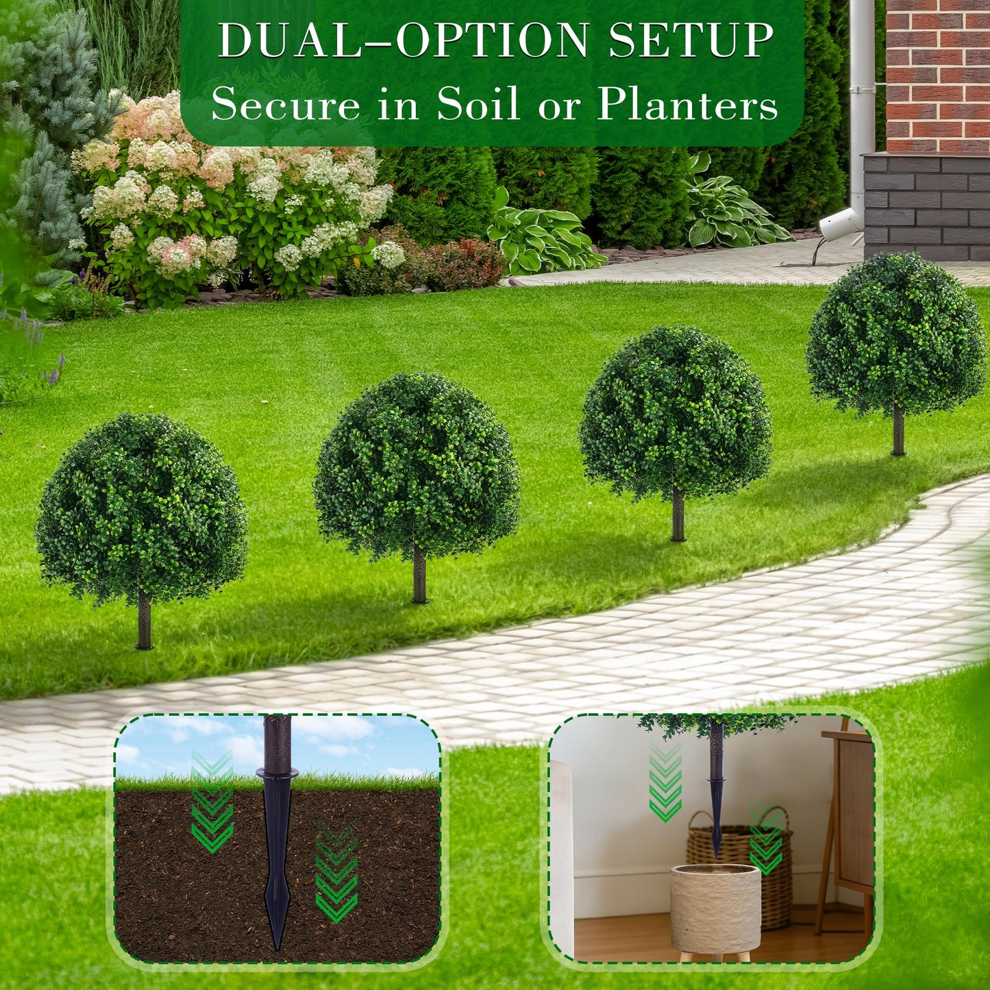 FONYICK 28 Inch Artificial Boxwood Trees, 2 Sets Faux Boxwood Topiary with Spikes, Pot Filler Fake Shrubs Plants for Outdoor Planters, Round Topiary Bush Balls Front Porch Home Garden Spring Decor