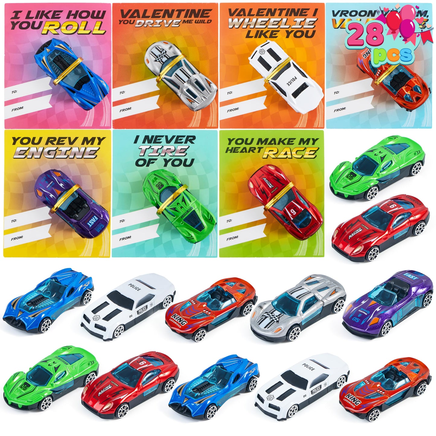 JOYIN 28 Valentines Day Cards with Die-Cast Racing Cars for School Classroom Exchange