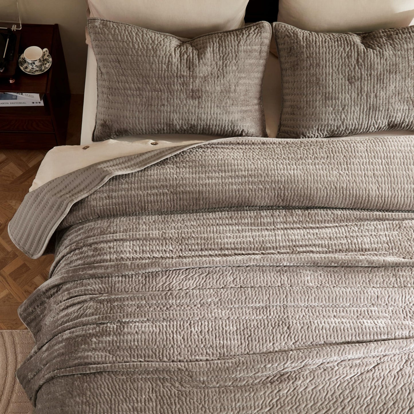 WDCOZY Velvet Queen Size Quilt Set - Brown Taupe Tan Camel Striped Pick Stitch Soft Lightweight Bedspread, Channel Farmhouse Country Rustic Coverlet, Modern Bedding Warm Thin Comforter, 3 Pieces