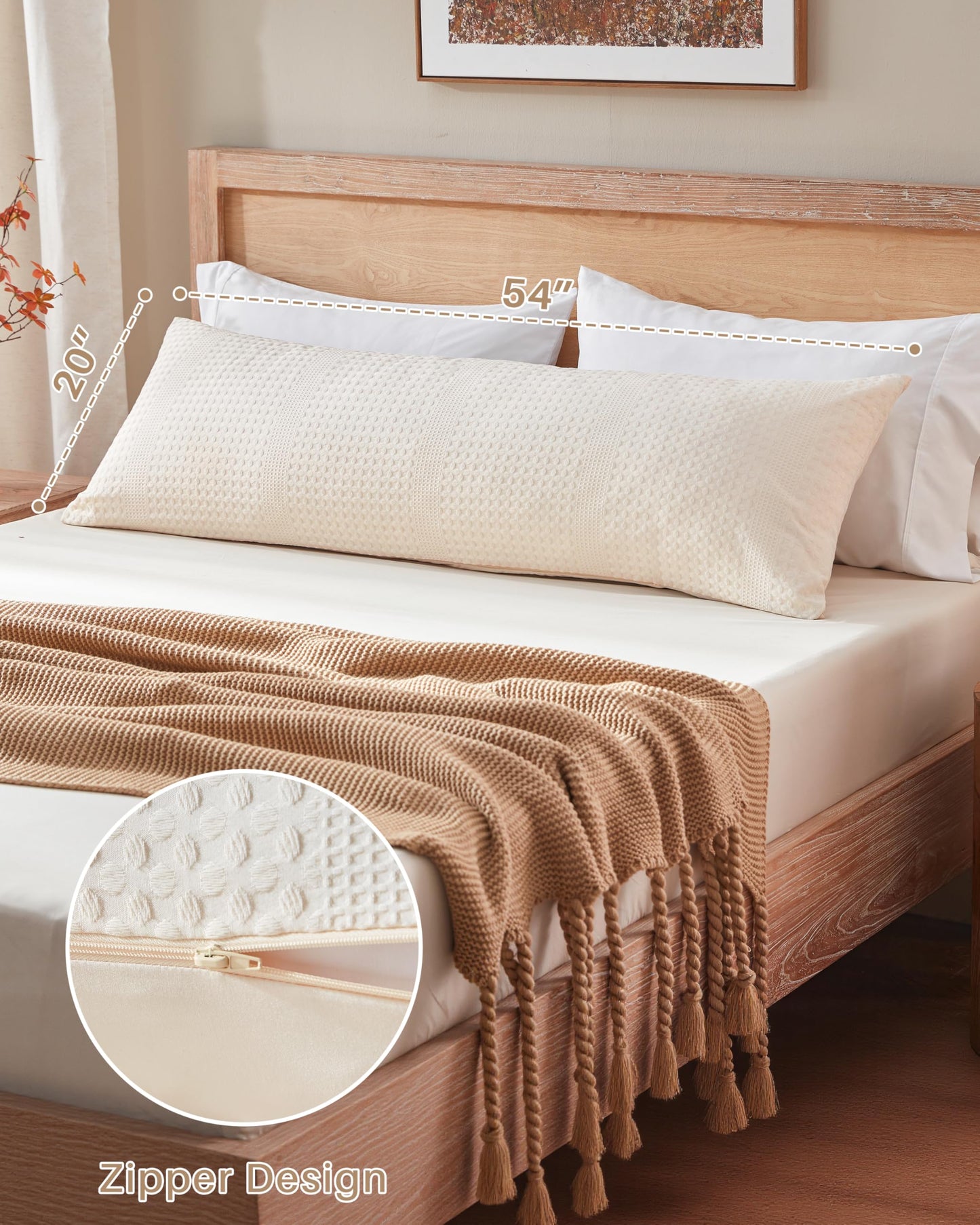 YZ HOME Waffle Weave Body Pillow for Adults - Memory Foam Body Pillow with Removable Pillowcase - Firm and Fluffy - Large Long Bed Pillows for Side Sleepers, Washable, 20x54 Inch(Beige)