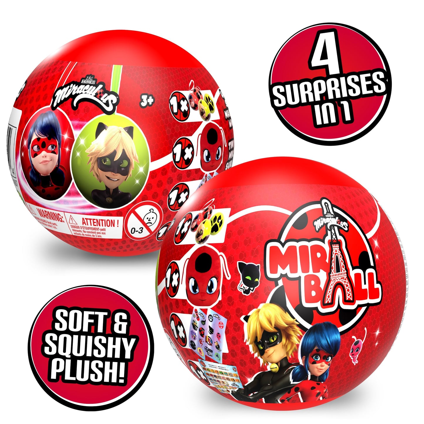 Miraculous Ladybug, 4-1 Capsule Collectible Toy, [PACK OF 4], Surprise Miraball with expanding Plush Kwami, Collectible Character Metal Case, Glittery Stickers & hanging Display Ribbon