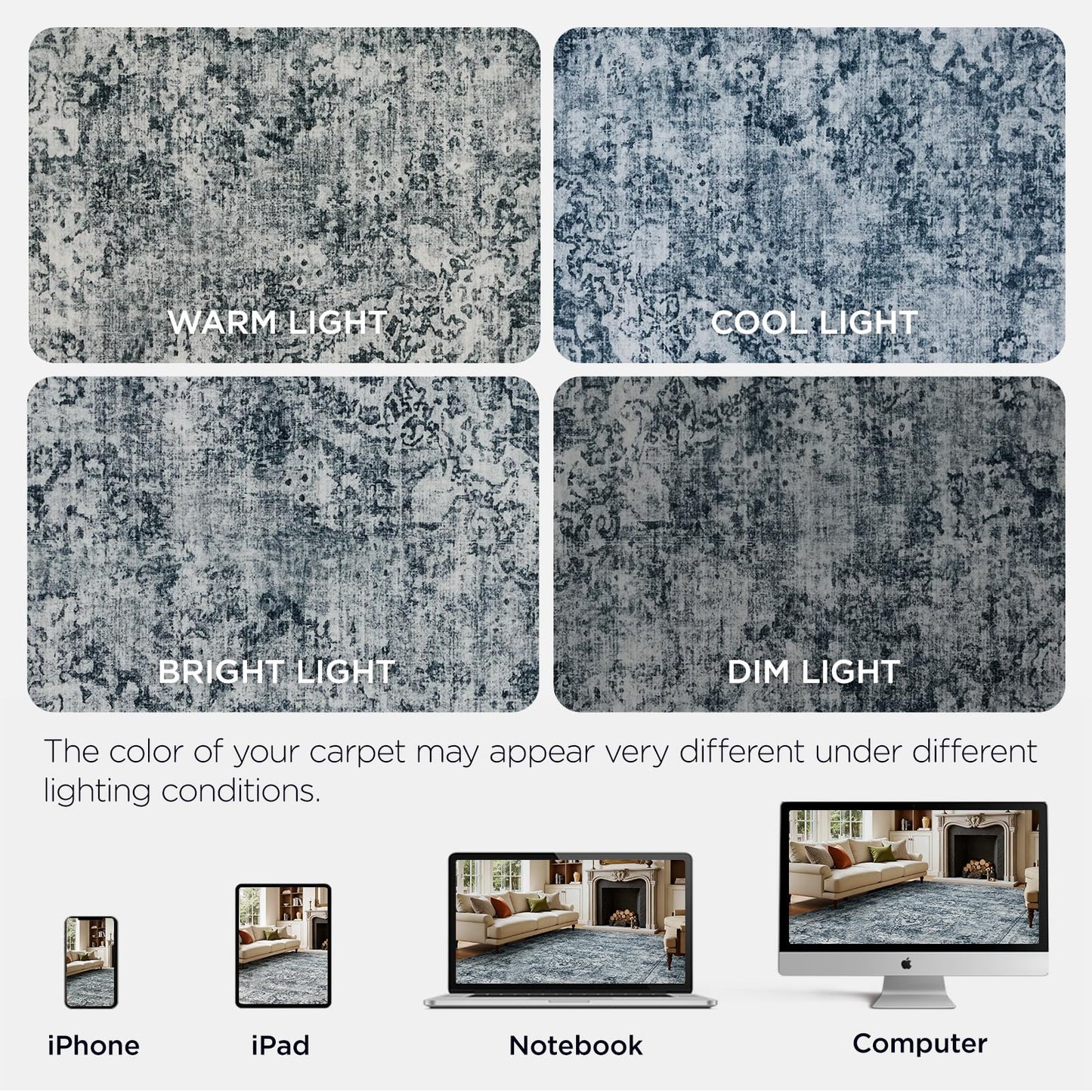 Joydeco 5x7 Area Rugs for Living Room, Machine Washable Vintage Area Rugs, Low Pile Non Slip Carpet, Lightweight Chenille Print Rug for Bedroom, Dining Room, Home Office, Light Grey