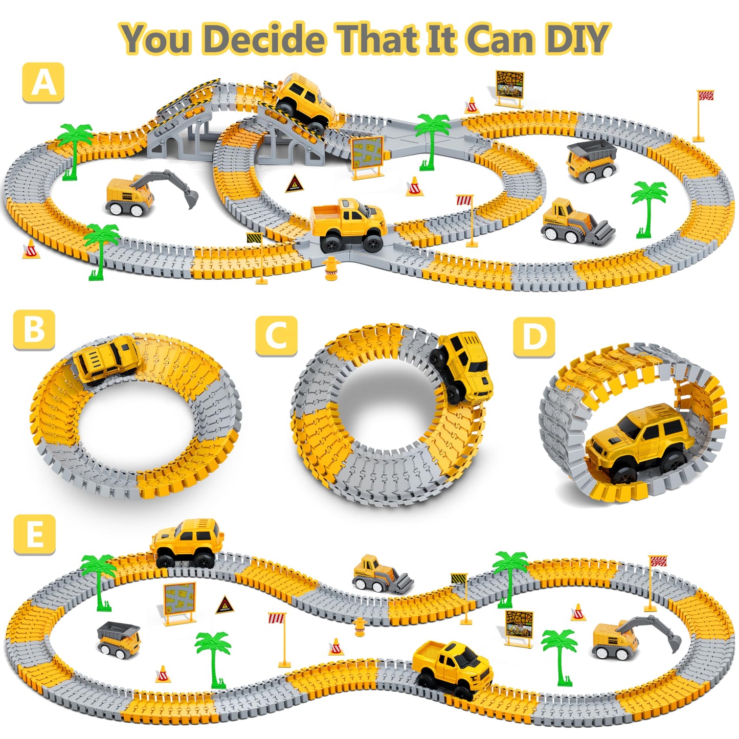 Toys for Kids 253 Pieces Building Race Track Toy for 3 4 5 6 7 8 Year Old Boys 5 Pieces Truck Building and Flexible Track Set to Create