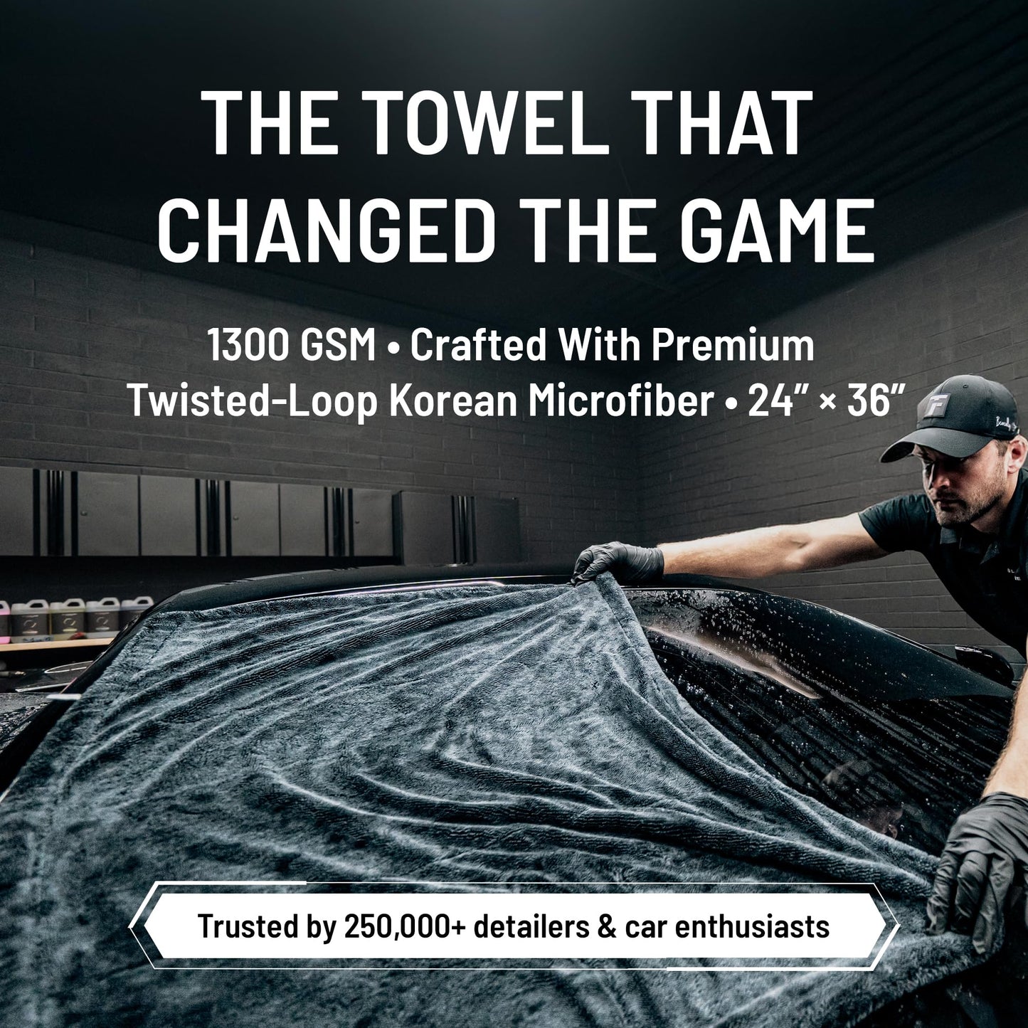 Blackline 24"x36" Twisted-Loop Car Drying Towel, 1300GSM, Streak Free, Lint Free, Reusable - Car Accessories, Microfiber Cleaning Cloth for Car, Truck, SUV - One Pass is All You Need