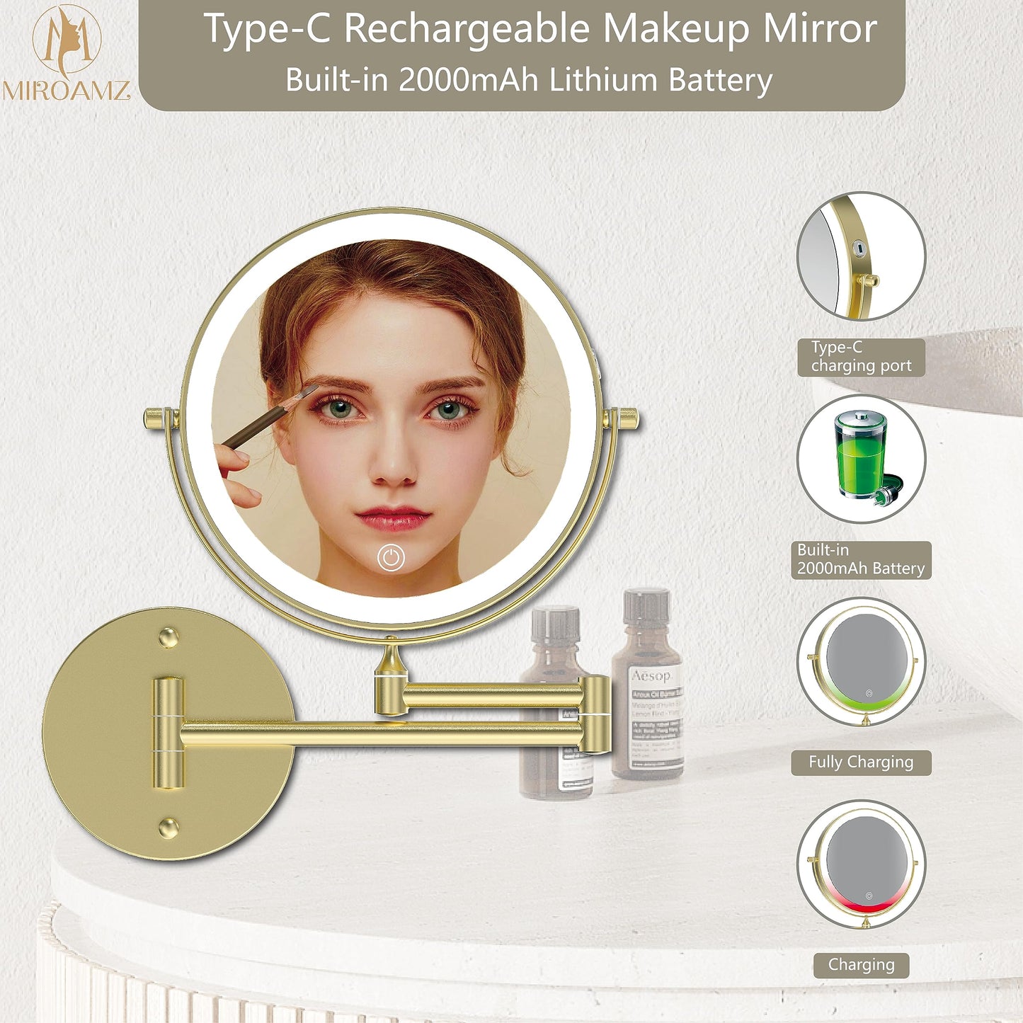 MIROAMZ Rechargeable Wall Mounted Lighted Makeup Vanity Mirror 8 Inch Double Sided 1X 10X Magnifying Bathroom Mirror, 3 Color Lighting, Touch Screen Dimming, 360 Rotation Shaving Mirror Gold