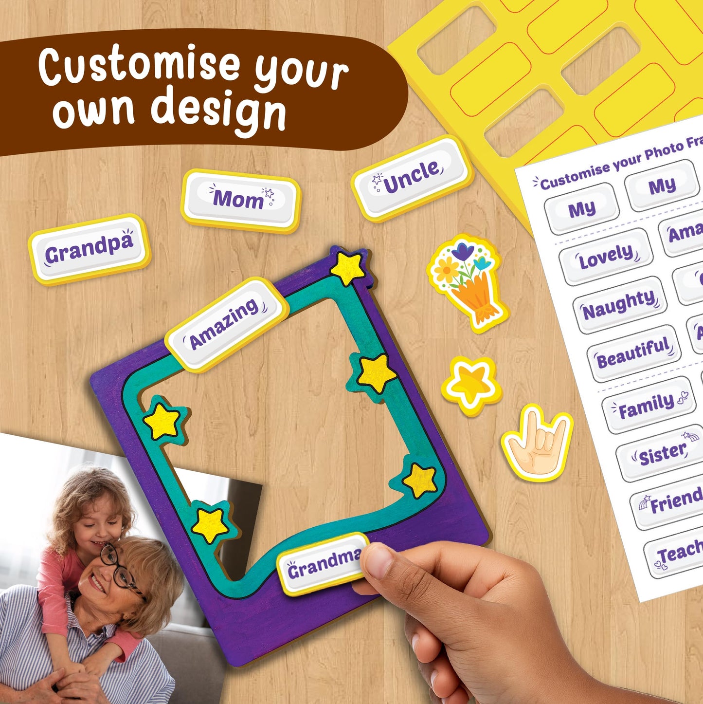 Imagimake DIY Wood Art Mega Pack | Build Wooden Bird House, 3 Photo Frames & Pen Stand | Wooden Painting Crafts for Kids | 100+ Foam Stickers for Wood Crafts |Boys & Girls Birthday Gifts Age 5,6,7,8,9