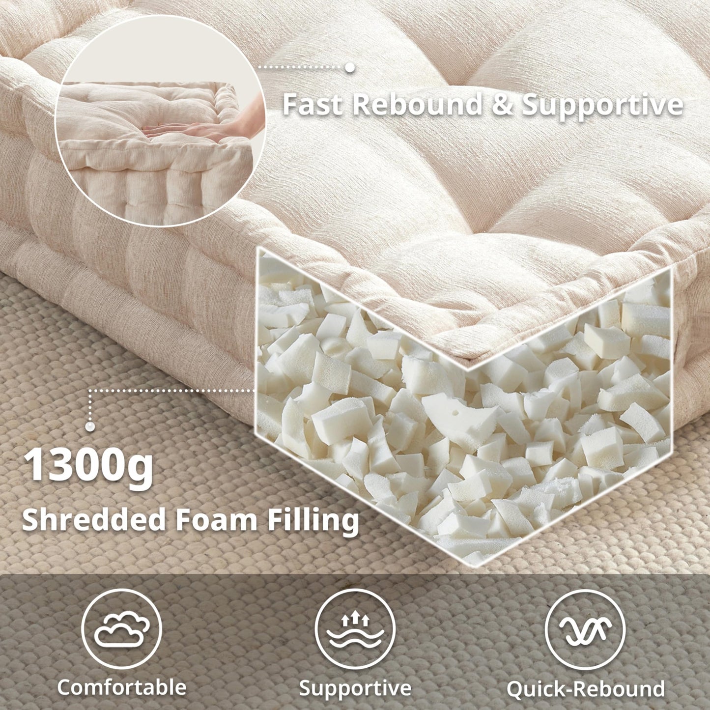 Intelligent Design Large Floor Pillow for Adults Yoga or Meditation Cushion with Handle, Floor Cushion for Board Games, Lustrous Chenille Tufted, Handsewn Scalloped Edge, Azza, 24" x 24" x 5" Ivory