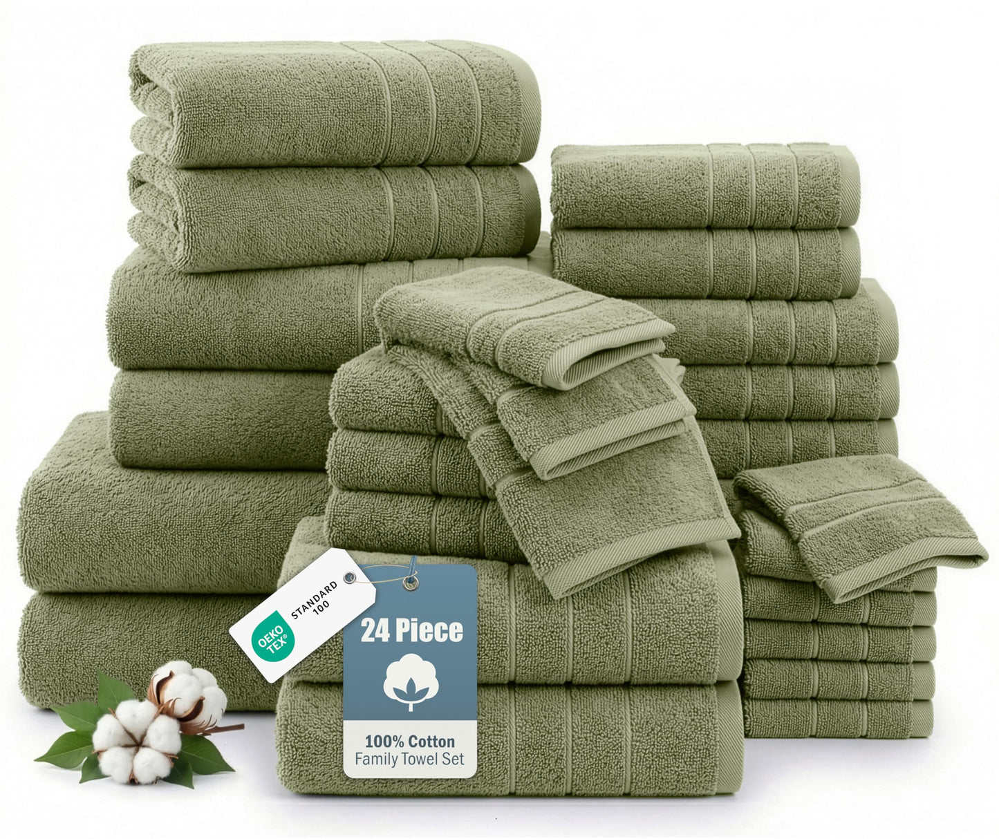 24-Piece Luxury Bathroom Towel Sets – 100% Cotton Bath Towel, 2 Bath Sheets, 2 Gym Towel, 2 Bath, 4 Fingertip, 6 Hand, 8 Washcloths, Highly Absorbent, Ideal for Spa, Hotel & Everyday Use – Oil Green