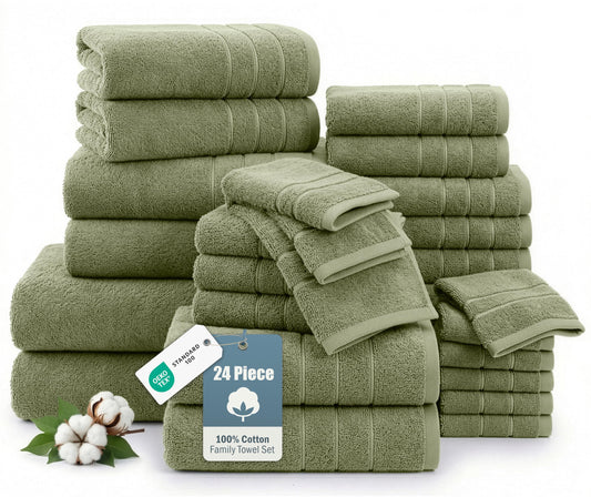 24-Piece Luxury Bathroom Towel Sets – 100% Cotton Bath Towel, 2 Bath Sheets, 2 Gym Towel, 2 Bath, 4 Fingertip, 6 Hand, 8 Washcloths, Highly Absorbent, Ideal for Spa, Hotel & Everyday Use – Oil Green