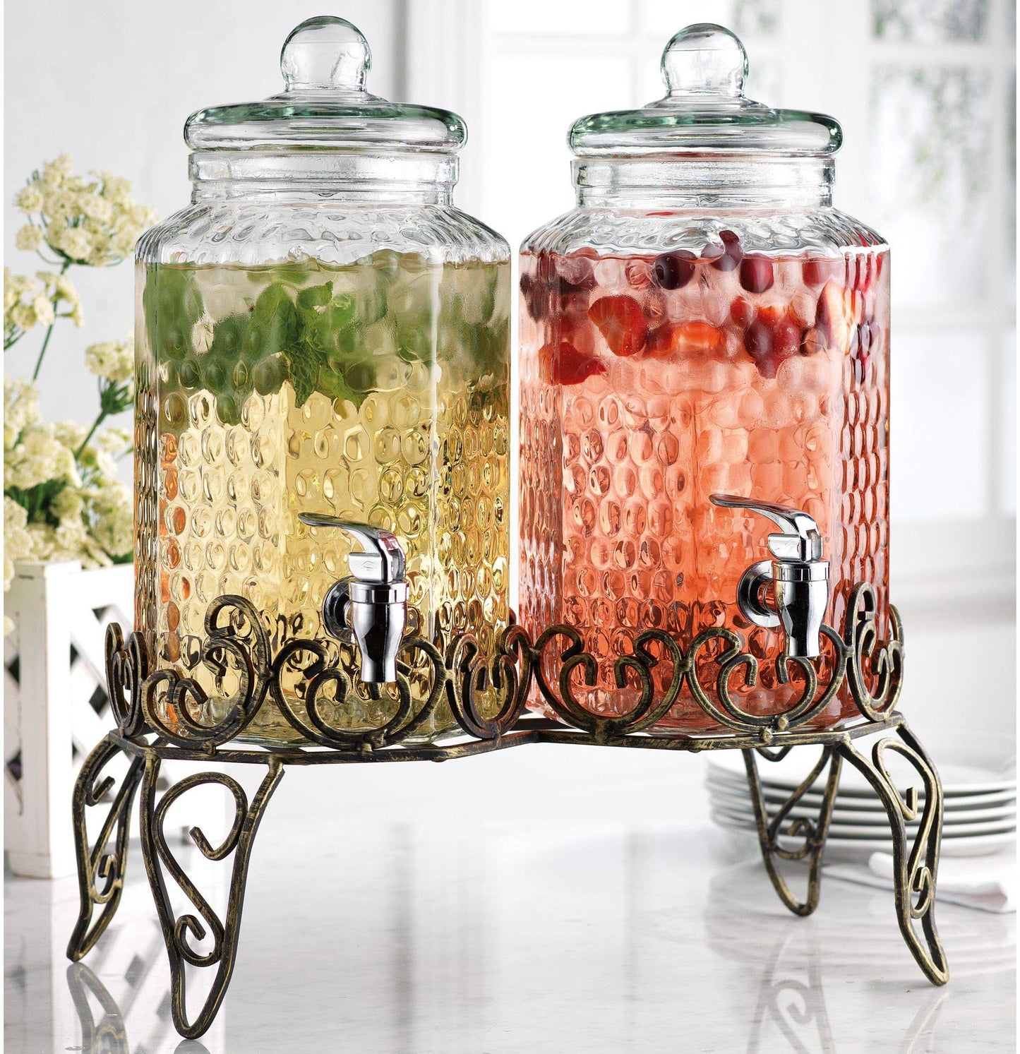 MosJos Glass Beverage Dispenser with Classy Metal Stand (Set of 2), 1.Gallon Glass Drink Dispenser with 100% Leak Proof Spigot, Party Drink Dispenser for Lemonade, Punch, Water, Juice for Parties