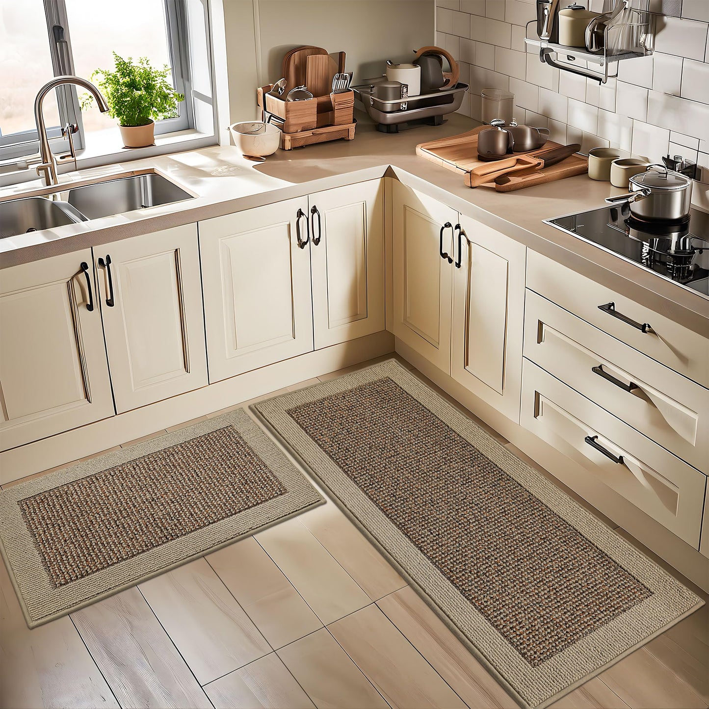 BEQHAUSE Kitchen Rugs and Mats Set of 2 Non-Slip Kitchen Mats for Floor, Absorbent and Stain Resistant Kitchen Runner, Machine Washable Rugs for Kitchen, Laundry & Sink, 24"x36"+24"x60", Taupe