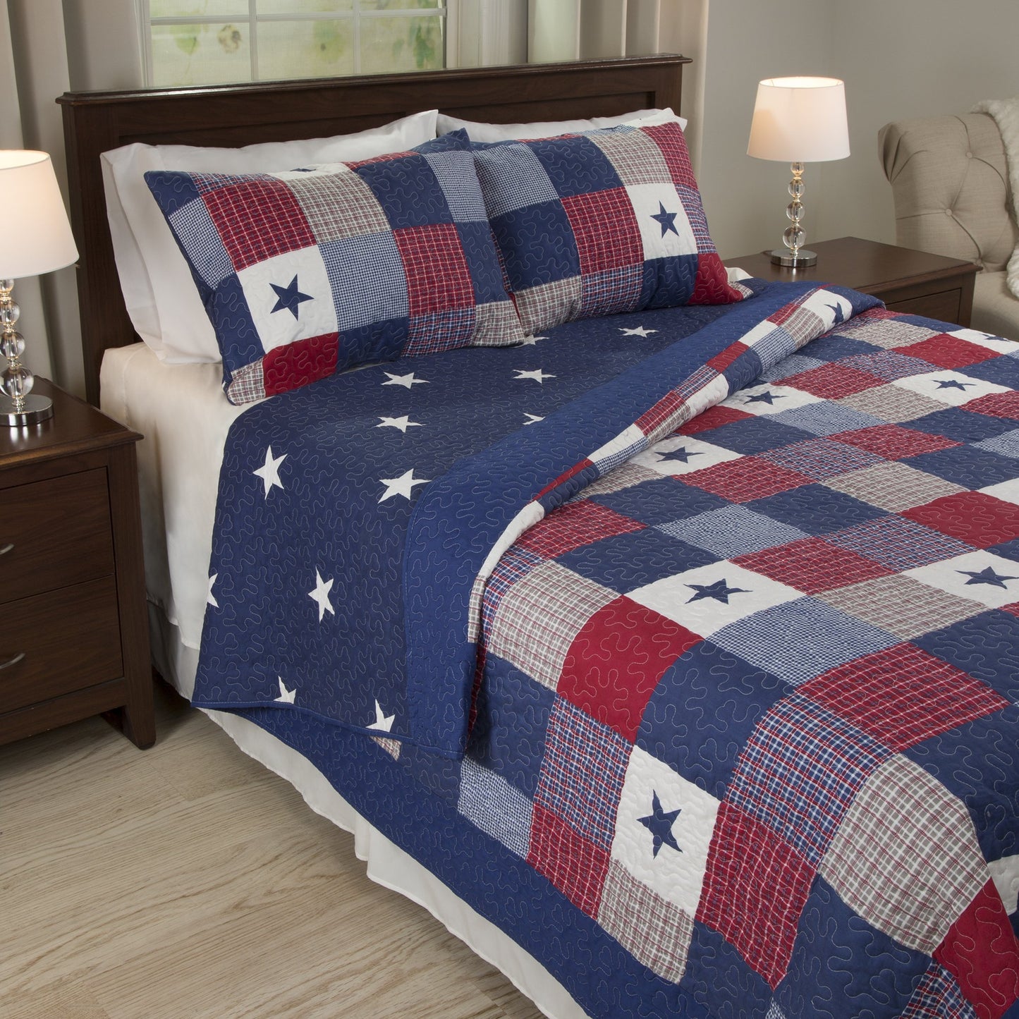 3-Piece Caroline Patriotic Quilt Set - Microfiber Americana Stars and Plaid Patchwork Bedding - King Bed Spread with 2 Pillow Shams by Lavish Home