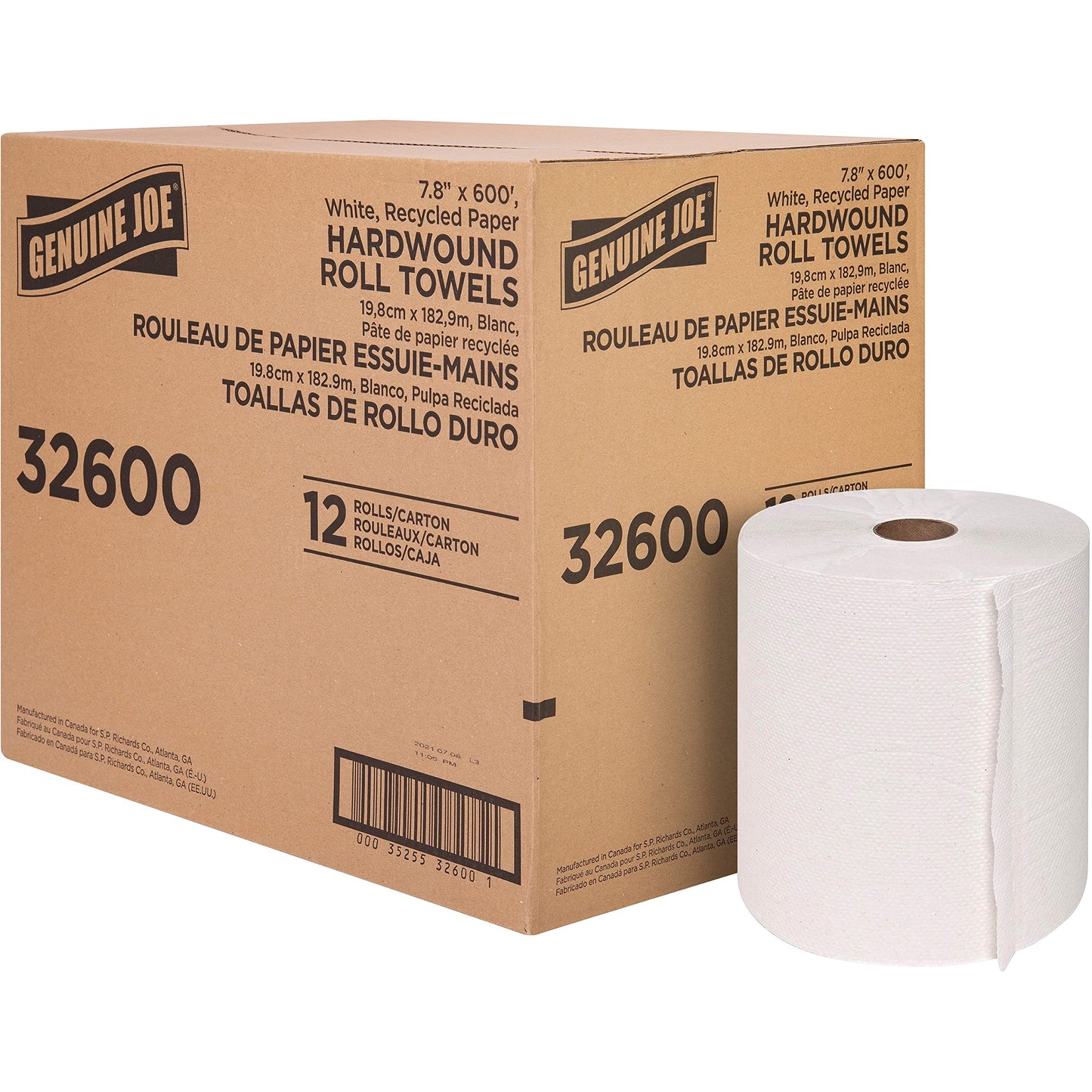 Genuine Joe Embossed Hardwound Roll Towels, 2" Core, 1-Ply, 7.8" x 600', White, 12 Count