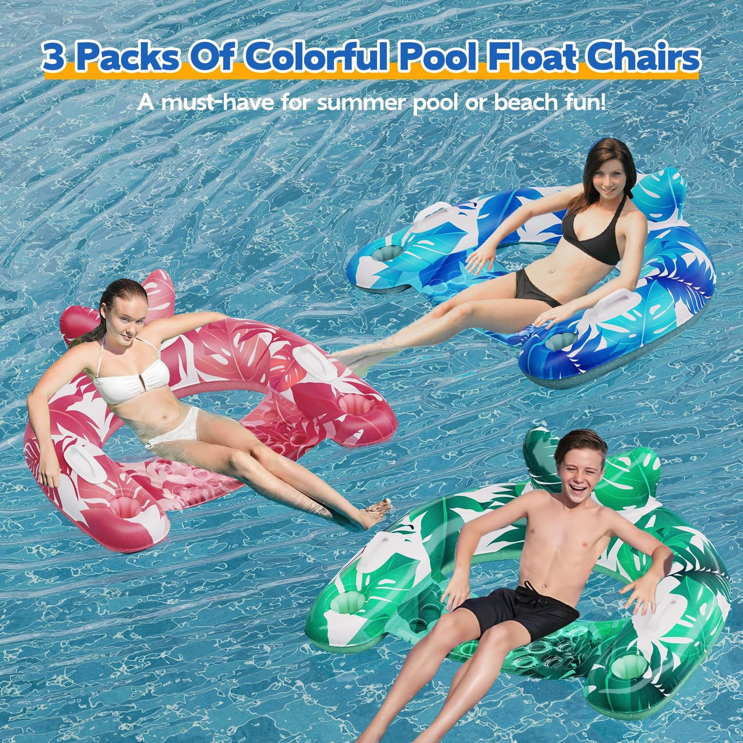 KEUCL Pool Floats, 3 Pack Inflatable Float Chairs with Cupholders & Handles, Pool Floats Adult & Kids Perfect for Pool Lake & Rivers, Pool Toy Party, Relaxing Inflatable Chair for Swimming Pool