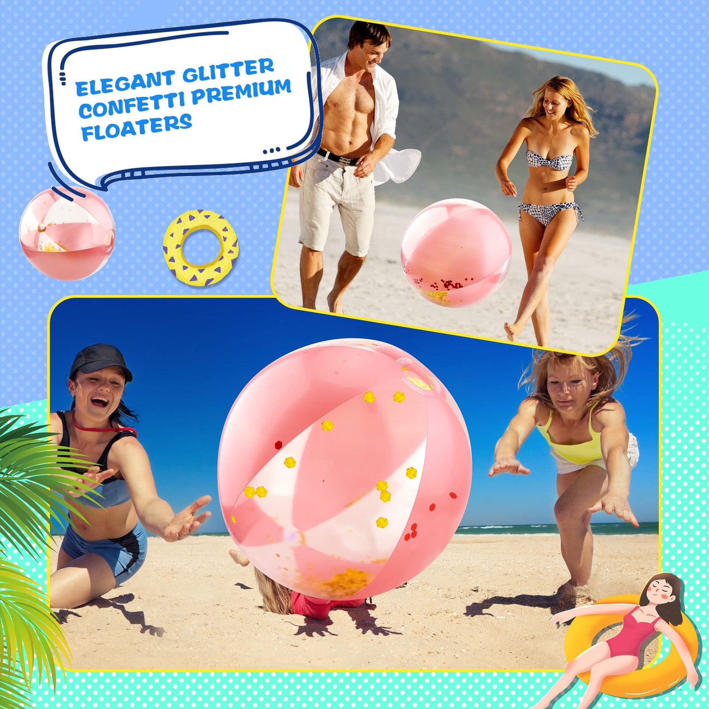 Sonarun 20 Pack 16 Inch Inflatable Glitter Beach Ball Rose Gold Confetti Beach Balls Bulk for Summer Beach Pool Water Party Play Toys Hawaii Luau Party Favors