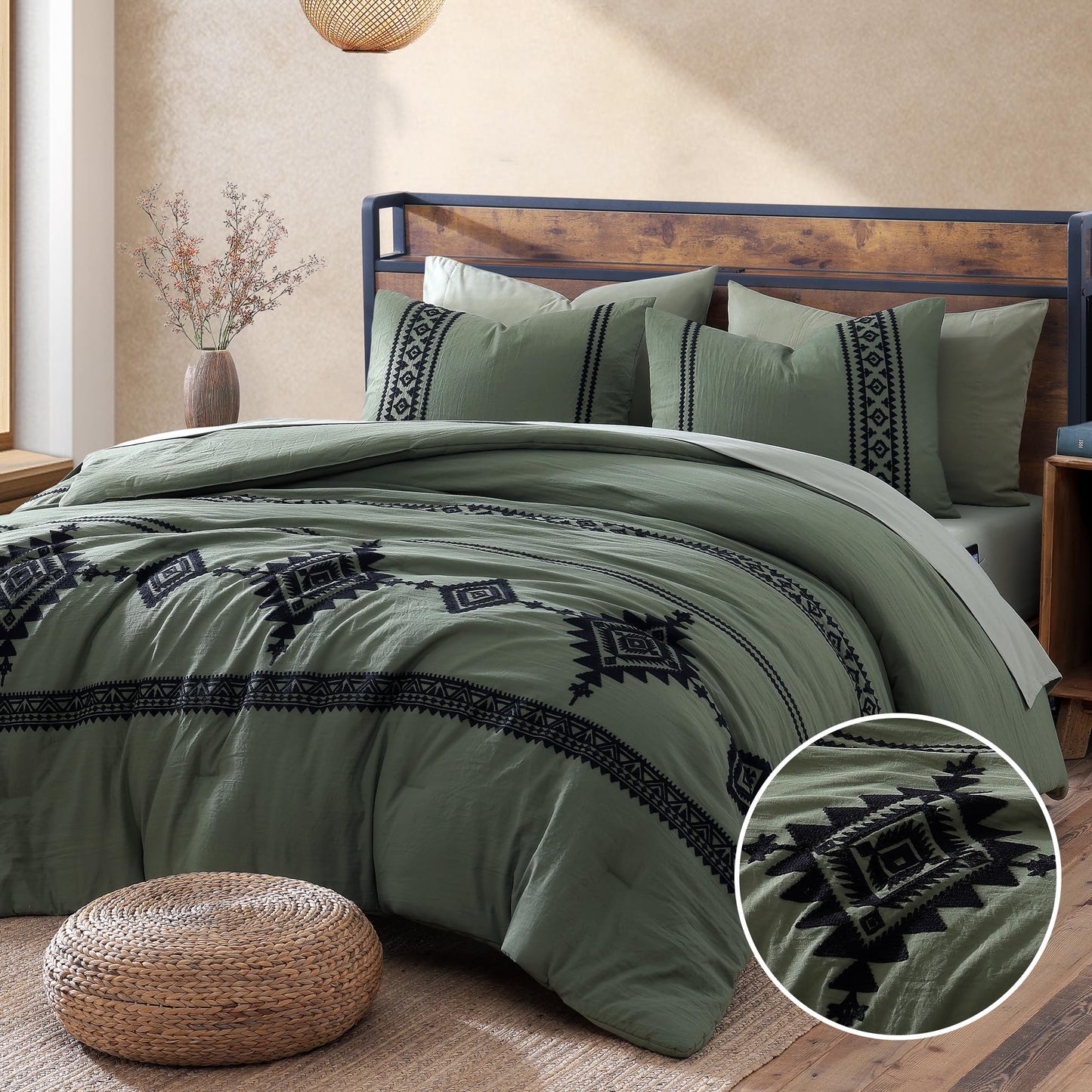 MAIREVE Embroidery Comforter Sets King Size Olive Green - 7 Pieces, Farmhouse Western Bedding Comforter Set, All Season Bed in A Bag King with Sheets, Comforters, Pillowcases & Shams