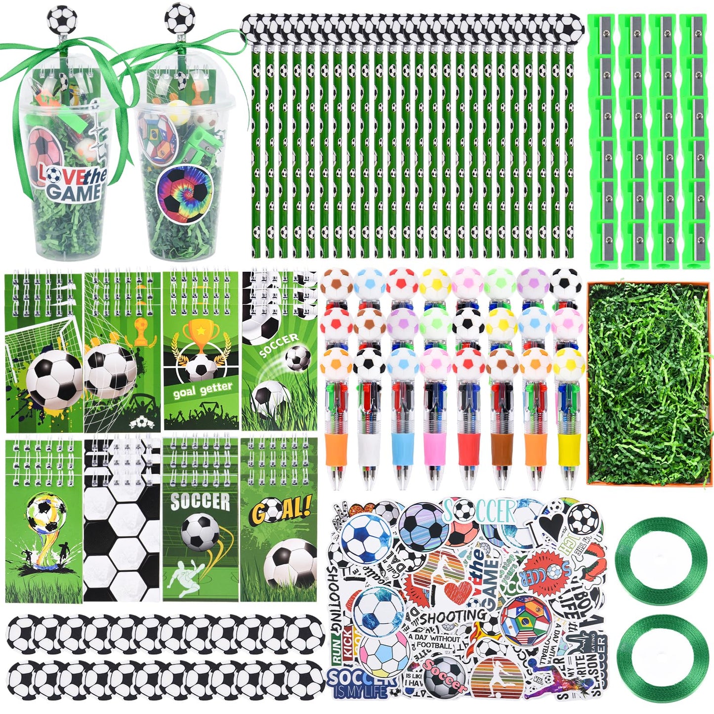 LiYiQ 247 Pcs Soccer Party Supplies Return Gifts for Party, Student Stationery Gifts from Teacher Rewards Prizes, Pencil Erasers Notebooks Stickers for Soccer Classroom Birthday