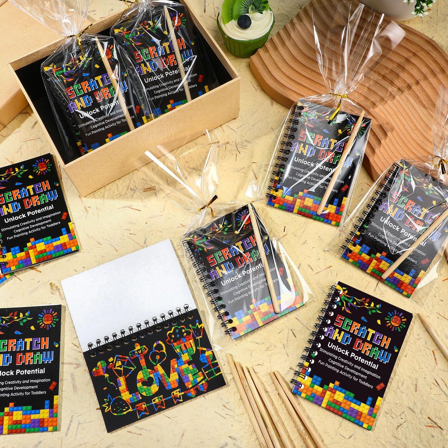 Pasimy 48 Set Scratch Paper Art Party Favors for Kid Building Block Scratch Paper Craft Notebook Bulk Craft for Girl Boy Classroom Prizes Goodie Bag Stuffer Christmas Birthday Party Favor Gift