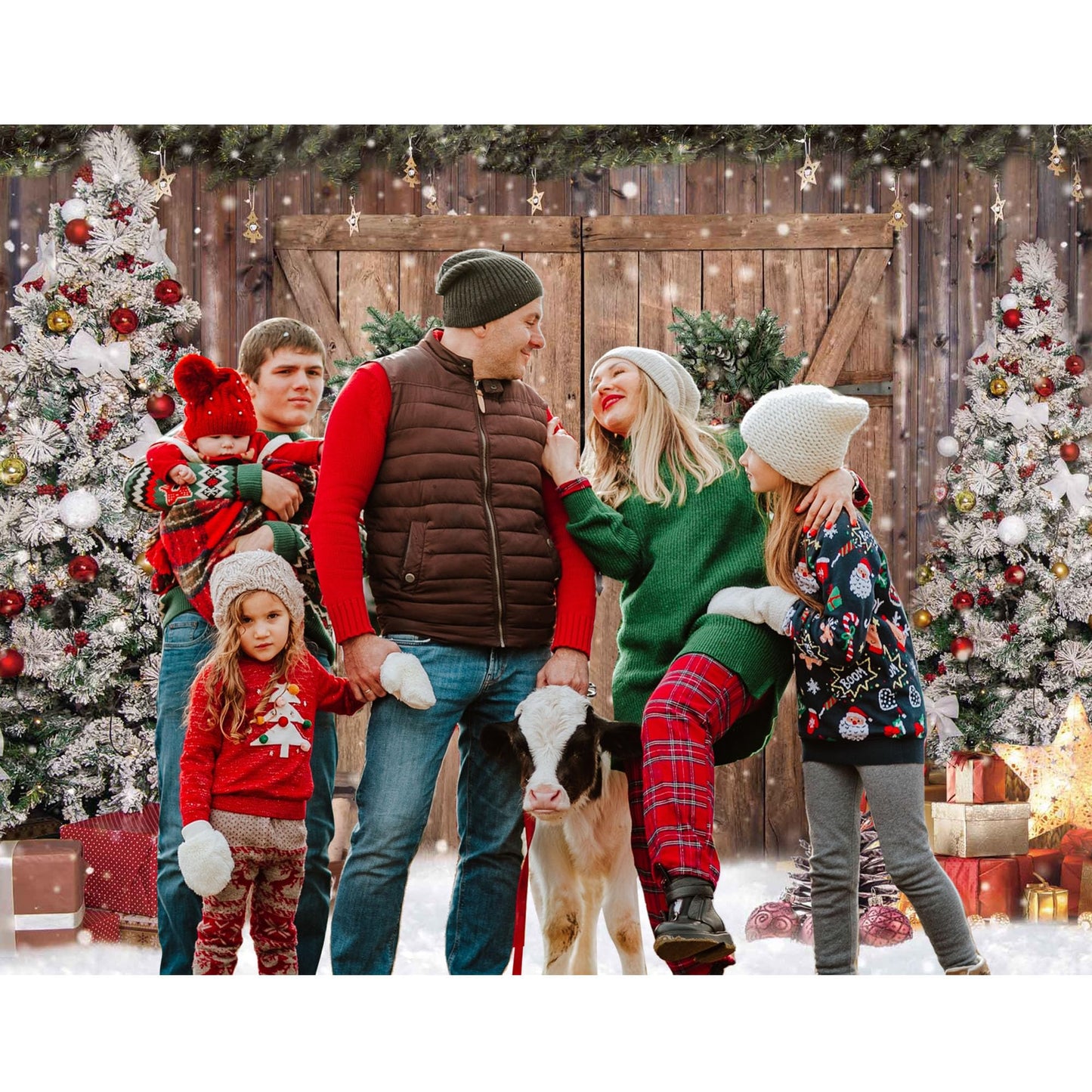 Felortte 10x8FT Polyester Fabric Winter Christmas Rustic Barn Wood Door Photography Backdrop Xmas Tree Snow Background Banner for Family Holiday Party Decoration Supplies Photo Studio Props Pictures
