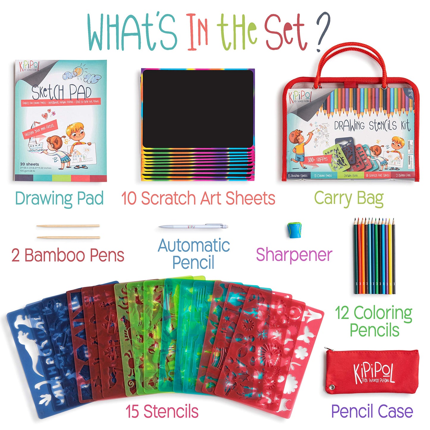 Kipipol - 63 Drawing Stencils for Kids Ages 4-8-8 and Up - Arts & Crafts for Girls & Boys - Drawing Kit for Kids - Arts Set - 15 Art Stencils, 260+