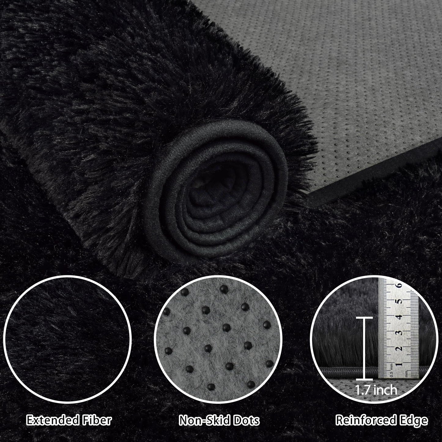 5x7 Area Rug for Living Room:Ultra Soft Fluffy Shag Black Rugs,Large Fuzzy Plush Indoor Non Slip Carpet Washable Rug for Bedroom Kids Nursery Office Dorm Modern Decor(Black 5'x7')