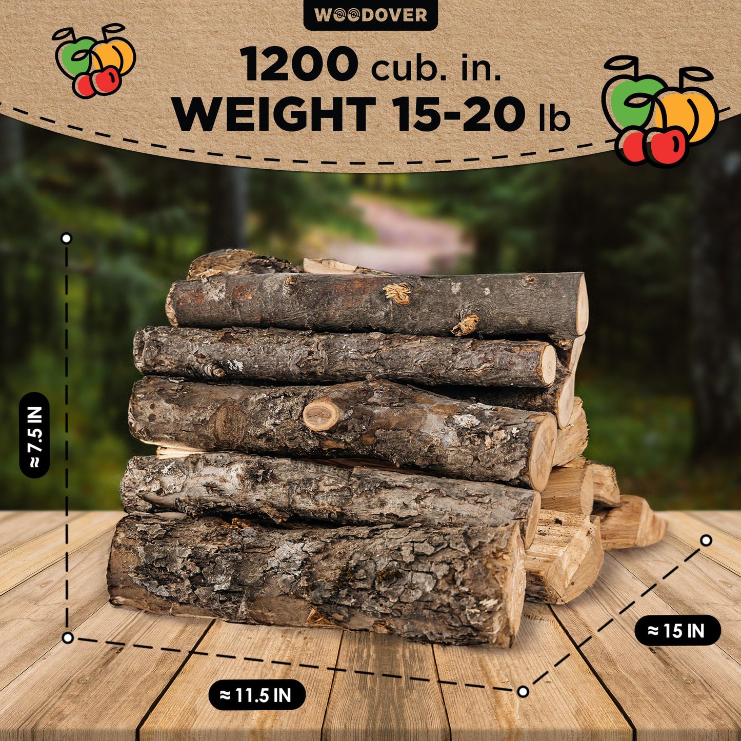 15" Apple & Cherry Firewood Logs with Fire Starters Set - Kiln-Dried Firewood for Fire Pit, Seasoned Wood for Fireplace, Campfire & Pizza Oven - Split Wood for Solo Stove - 1200 cu. in., 15-20lb