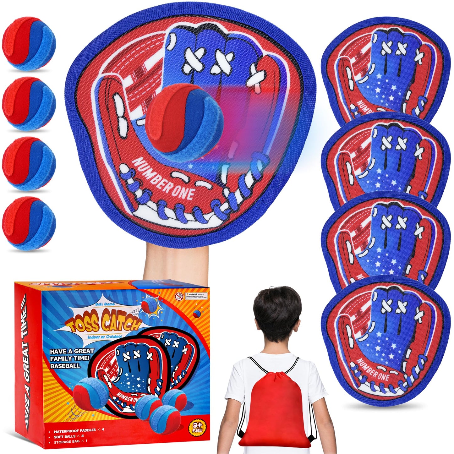Toss and Catch Velcro Ball Set,Toddler Outdoor Games Toys for Kids Ages 3 4 5 6 7 8 9 10 11 12 Year Old, Baseballs Games for Beach Pool Yard, Birthday Gifts for Boys Girls Teens (Red)