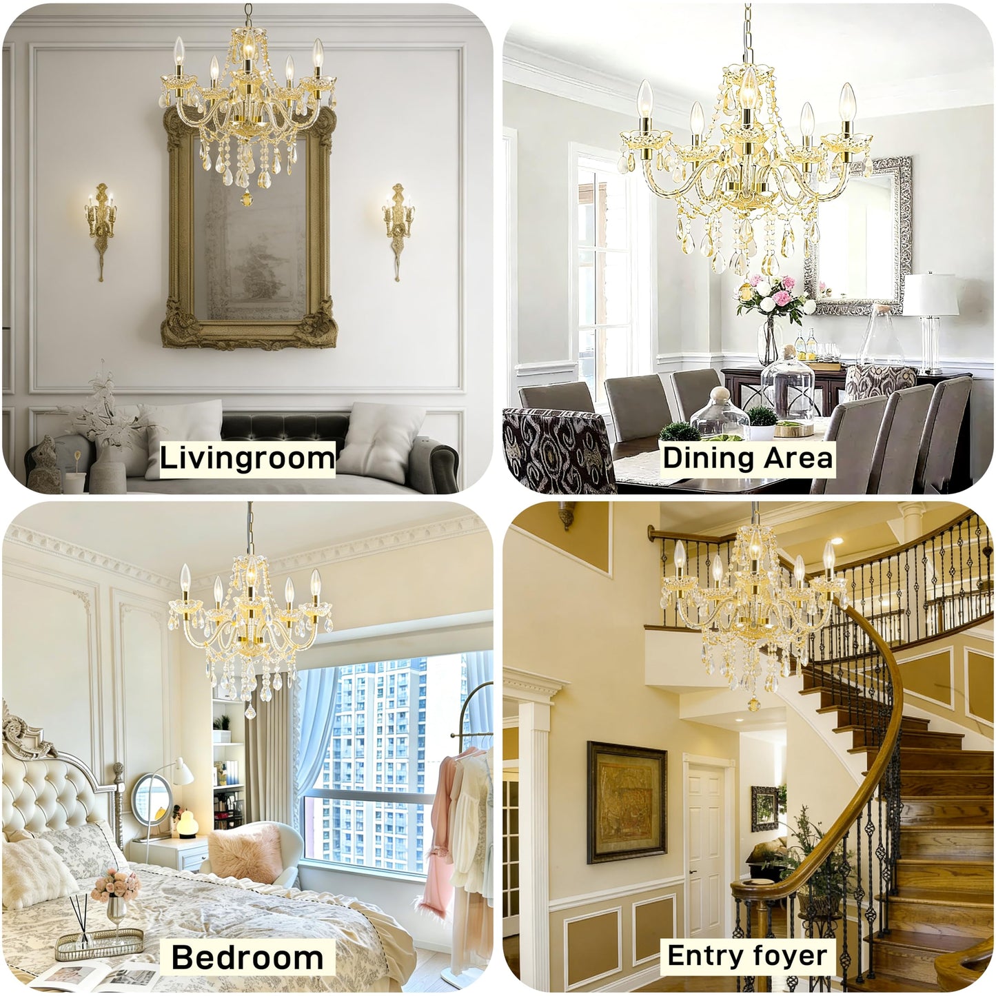 PAPAYA Plug-in 5 Light Gold Crystal Hanging Pendant Lights Acrylic Chandelier with Cord & On/Off Switch H19 D19.7 for Kitchen Island Girls' Room Dining Area Laundry Pavilion