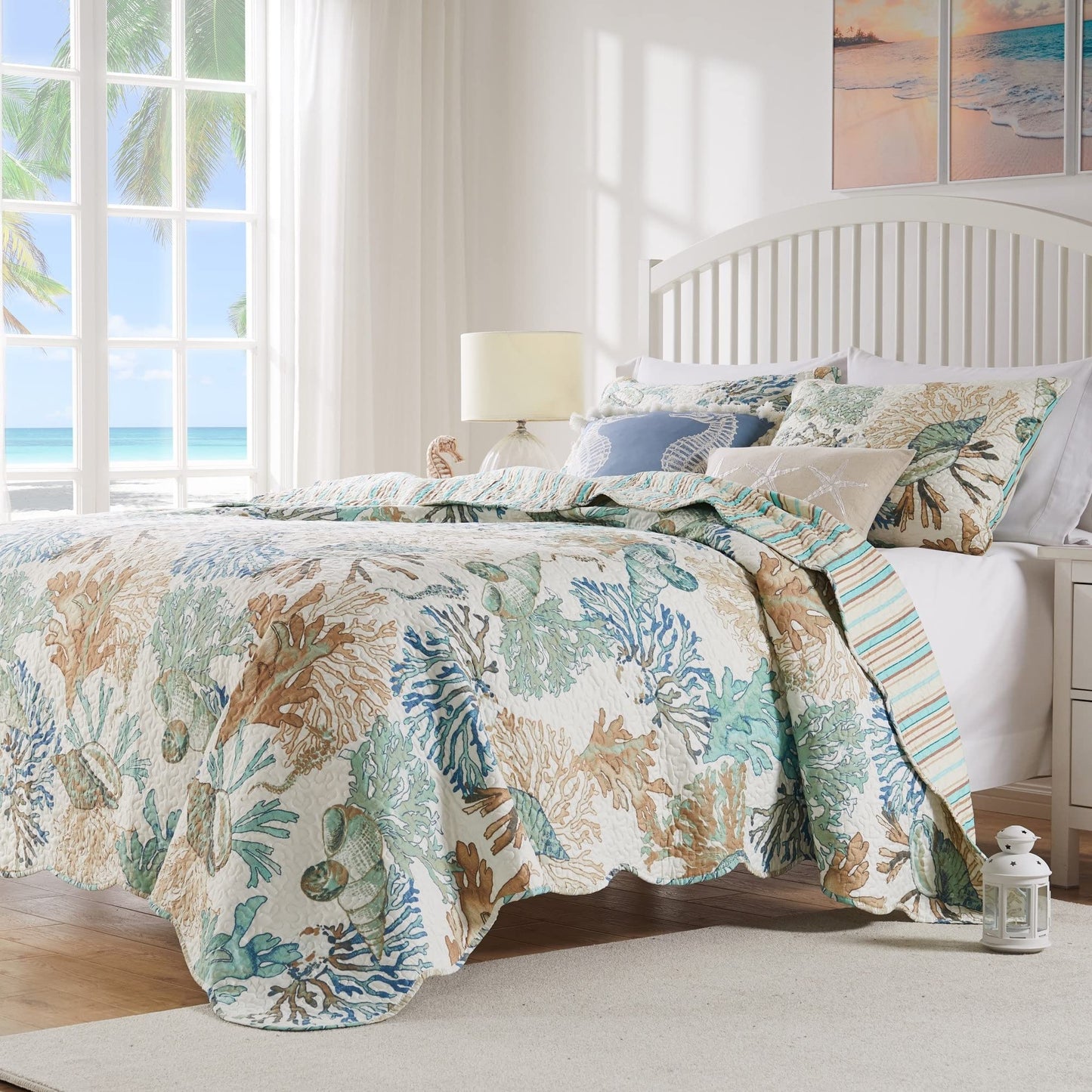 Greenland Home Atlantis Coastal Sea Coral Oversized Reversible Quilt Set, 5-Piece Full/Queen, Jade