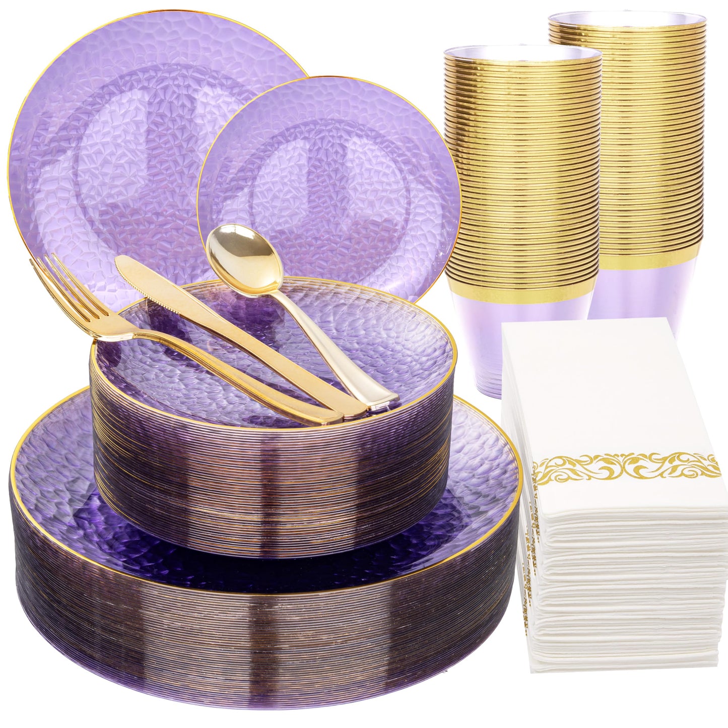 Rubtlamp 175 Pcs Purple Plastic Dinnerware Set (25 Guests), Clear Purple Plates With Gold Rim, Hammered Party Platos, Plates And Cups And Napkins Sets for Wedding, Party&Graduation