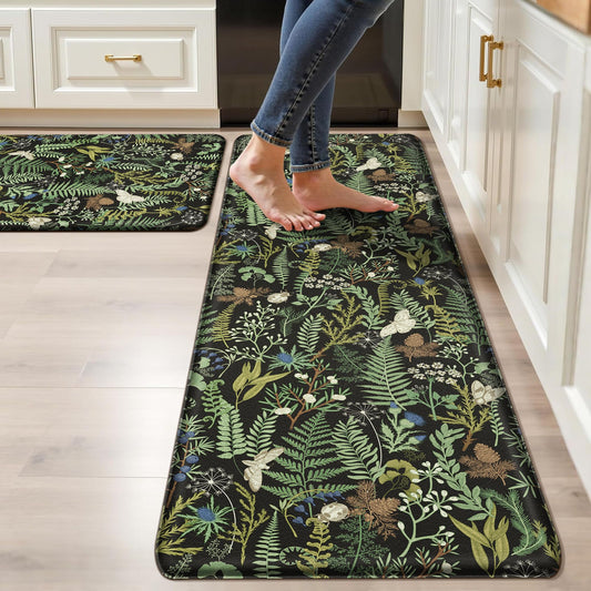 Black Green Botanical Kitchen Rugs Set of 2 Plant Leaf Anti-Fatigue Kitchen Mat Natural Comfort Standing Waterproof PVC Mats 2/5" Thick Leather Carpet for Laundry Office Sink(17.3" x28" + 17.3" x 59")